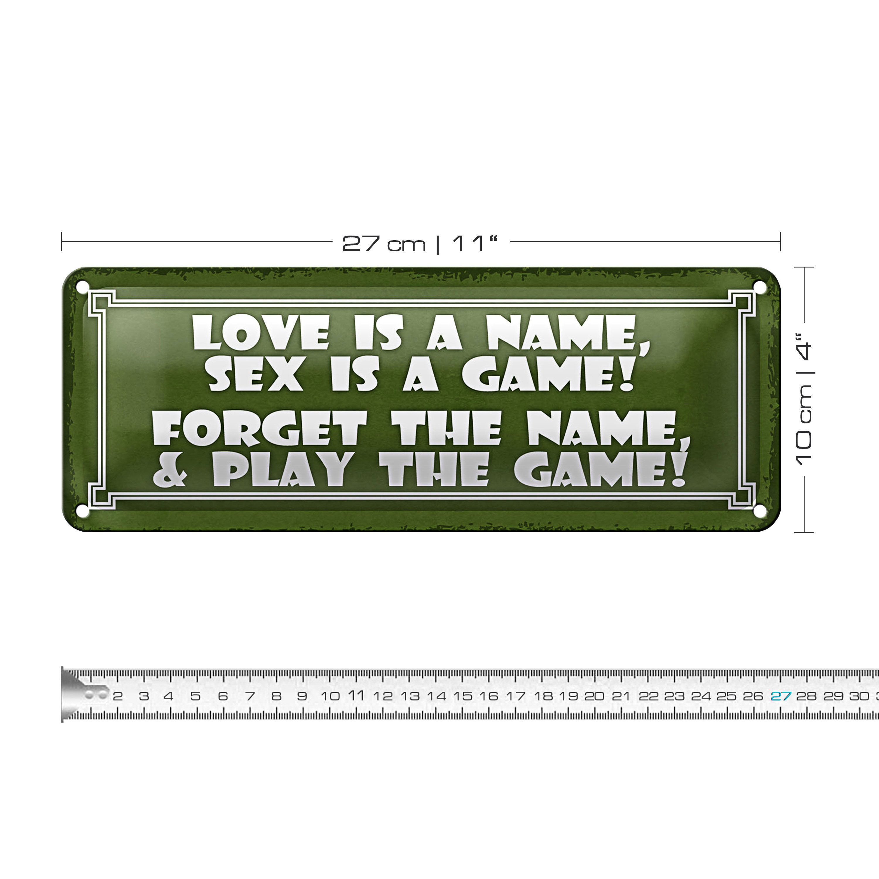 Roomando Metallschild Blechschild Spruch 27x10cm Love is a name sex is a game Dekoration