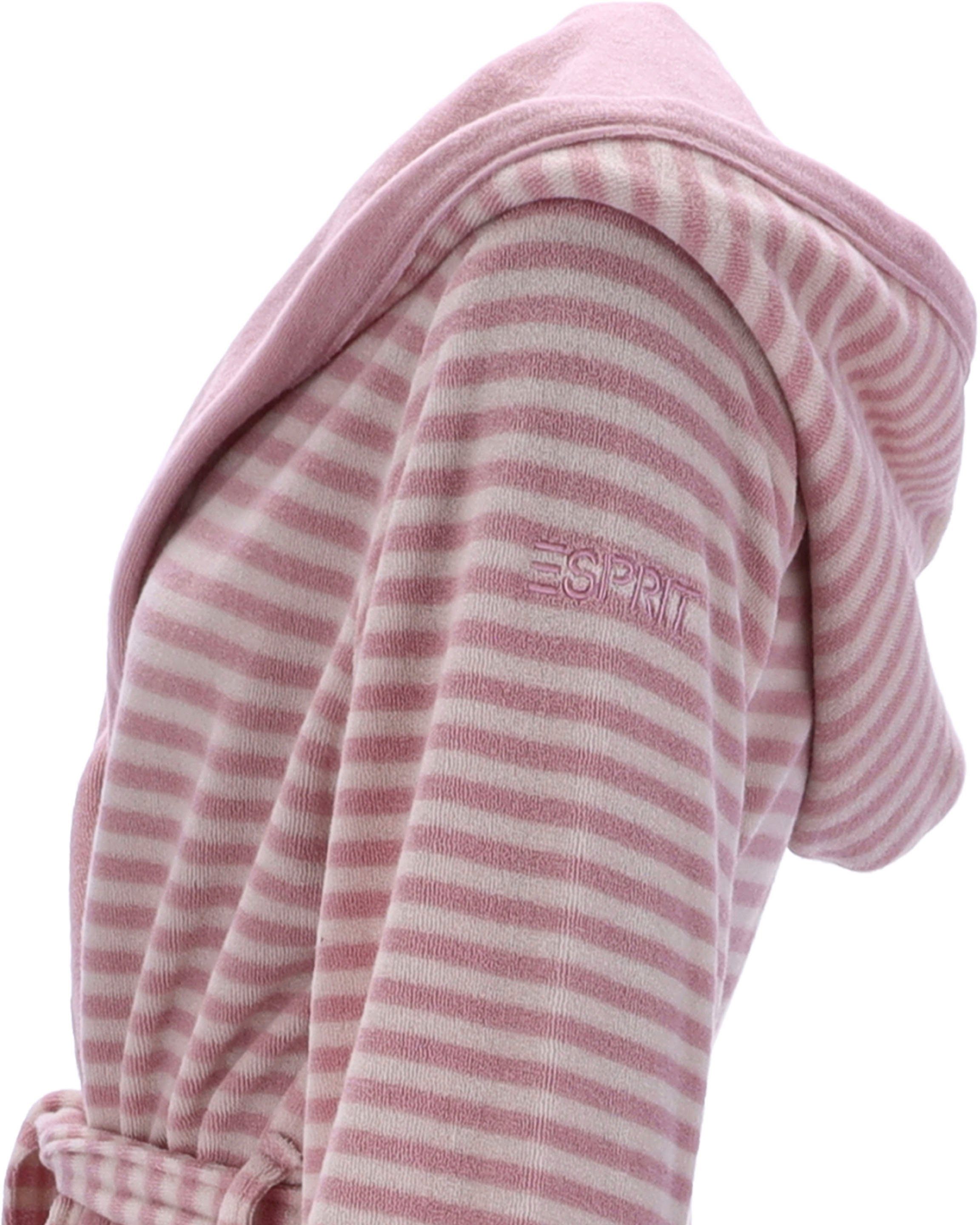 Esprit Damenbademantel rose Kapuze, Hoody, mit Striped Jersey, kurz gestreift, & Logostickerei, Kaputze Kurzform, Gürtel