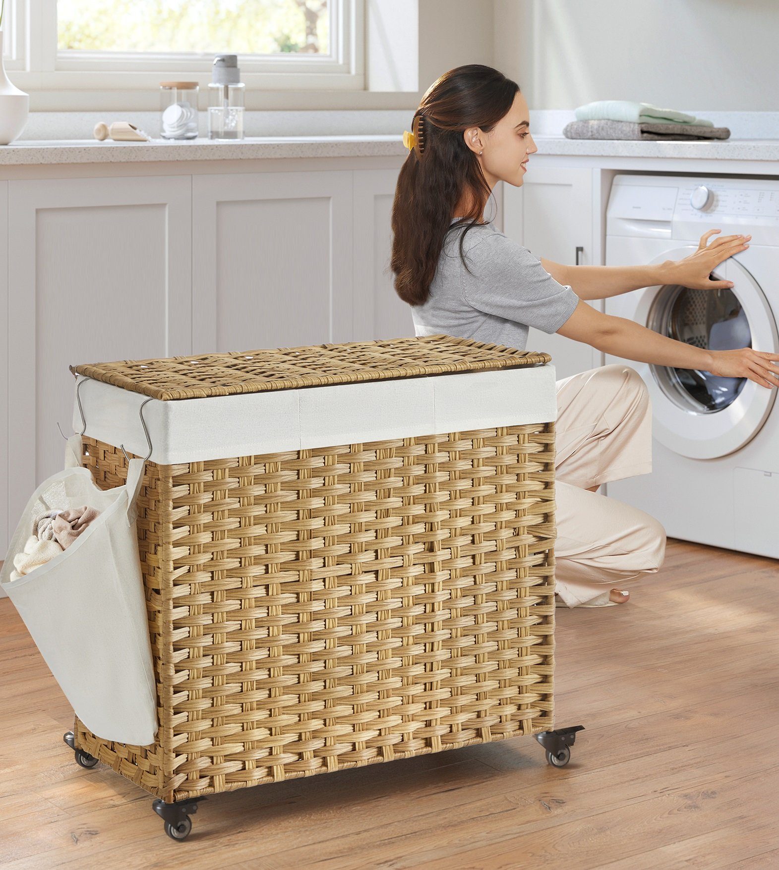 SONGMICS Wäschekorb, 140 L, mit 3 Fächern, herausnehmbare Tasche, Griffe günstig online kaufen