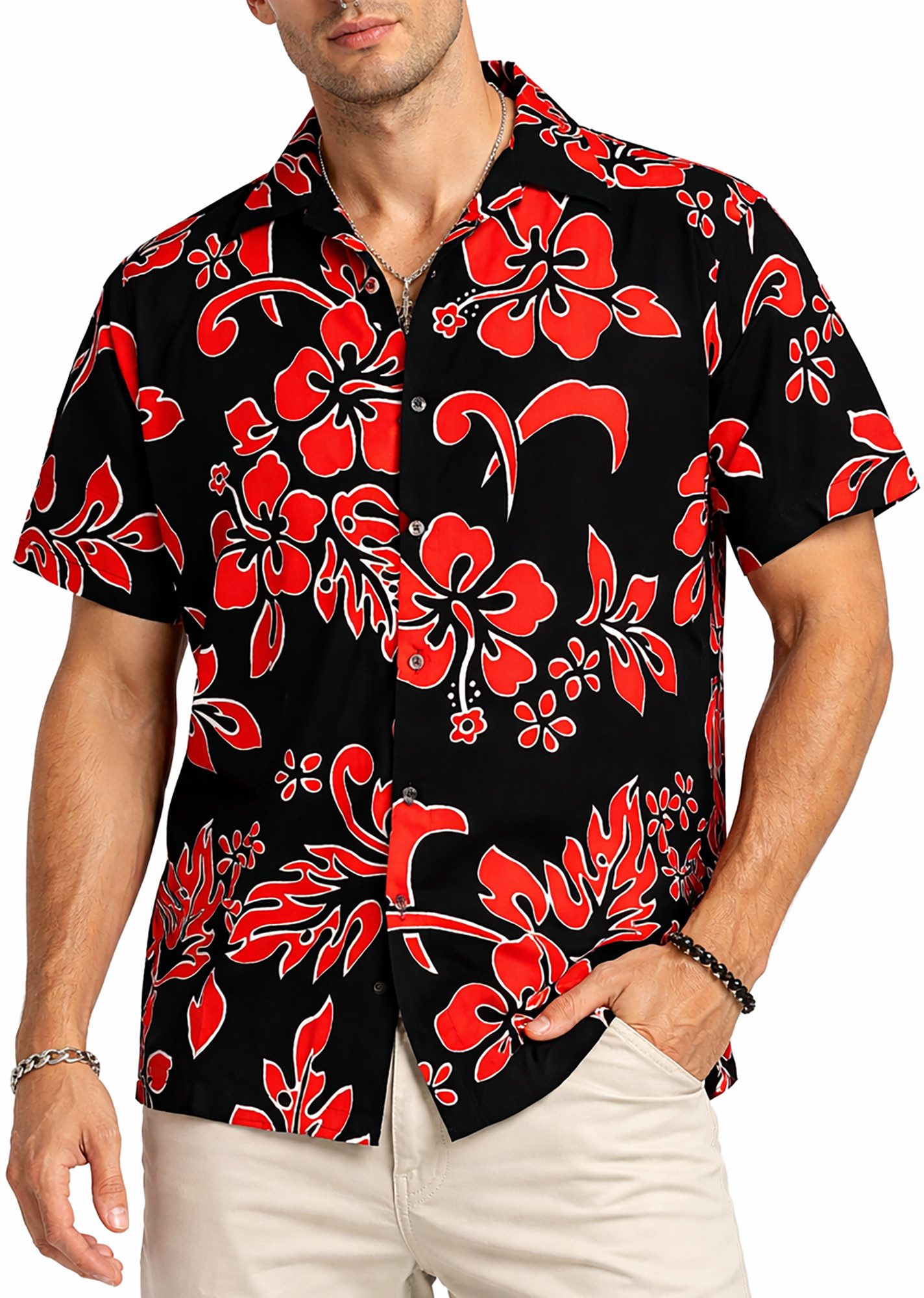 King Kameha Hawaiihemd "Hibiscus" Funky Hawaii-Hemd Herren Kurzarm Front-Tasche Stylish