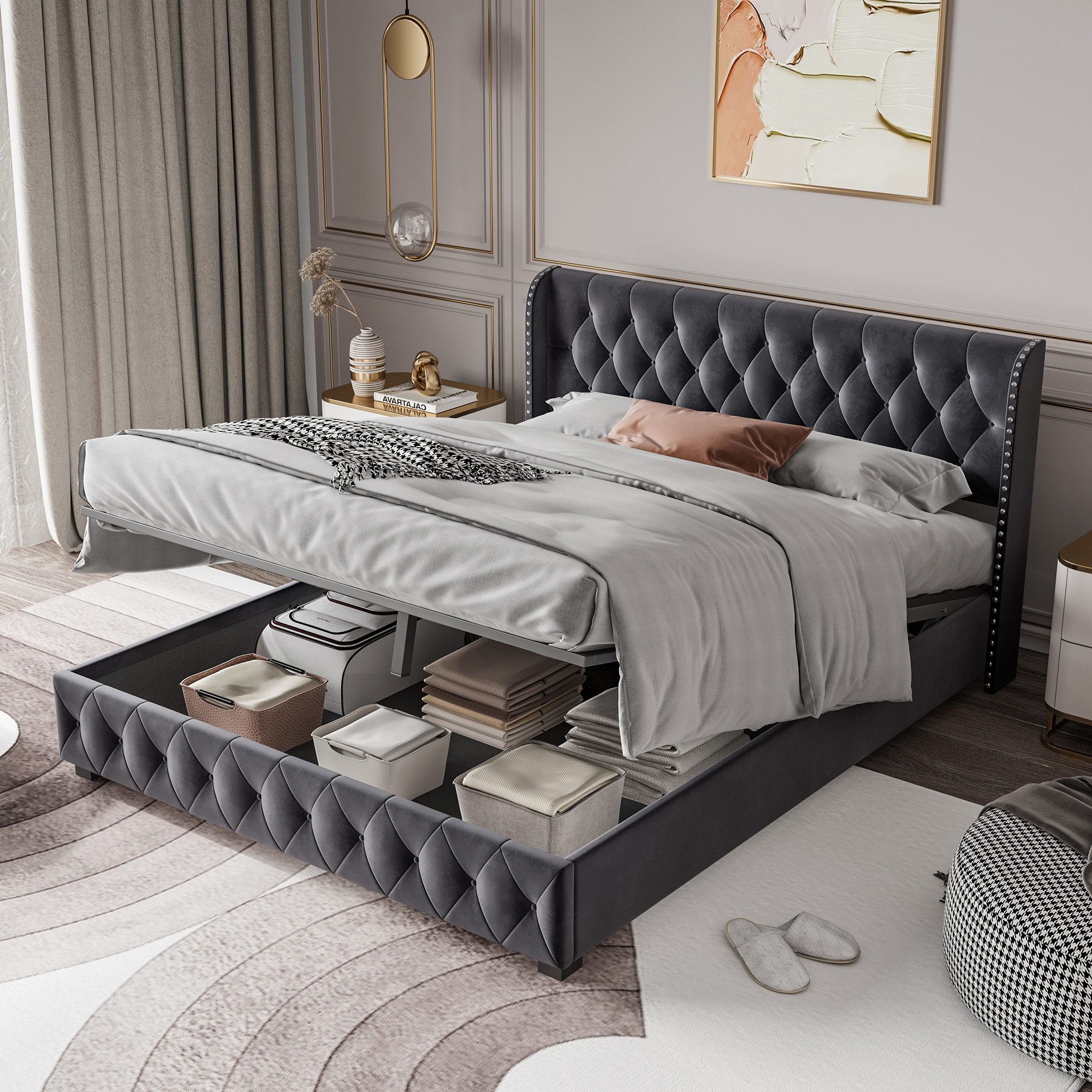 FUROKOY Polsterbett Doppelbett Hydraulisch Stauraumbett mit Bettkasten und günstig online kaufen