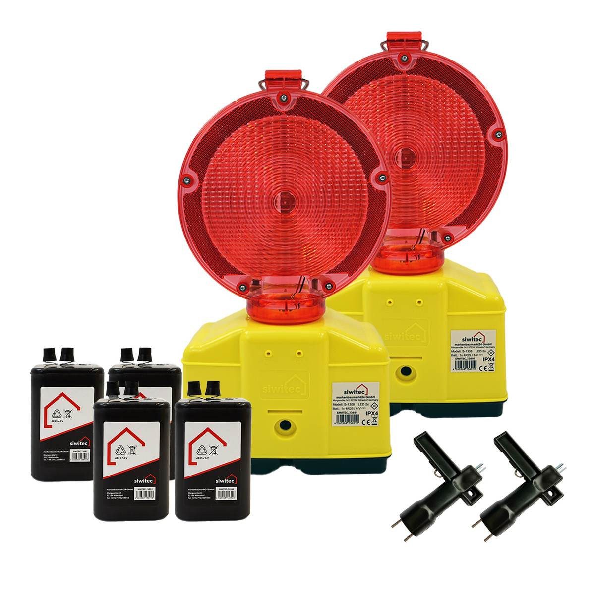 siwitec Baustrahler 2 x Baustellenleuchte rot-klar mit Lampenschlüssel, 4 x Blockbatterien, Weiß, Dämmerungsfunktion