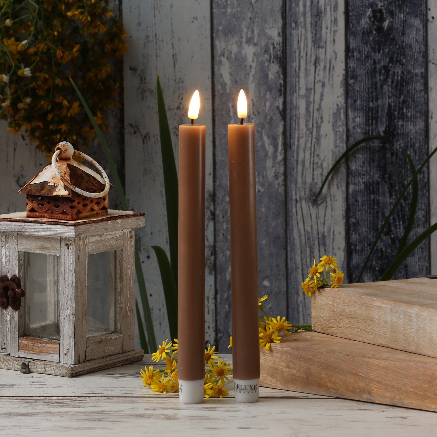Deluxe Homeart LED-Kerze LED Stabkerzen Mia Tafelkerzen Echtwachs flackernd H:24cm karamell 2St (2-tlg)