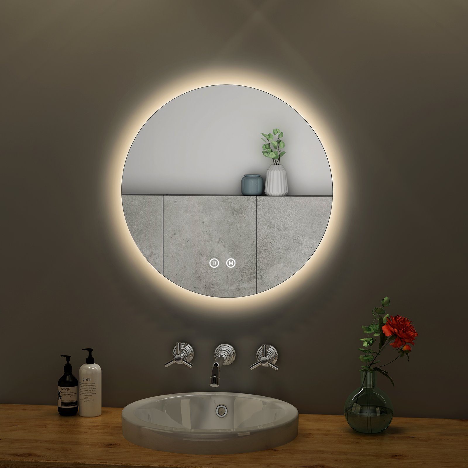 s'afielina badspiegel runder badezimmerspiegel mit beleuchtung led  lichtspiegel wandspiegel, 50cm,dimmbar,memory-funktion,energiesparen,ip 44