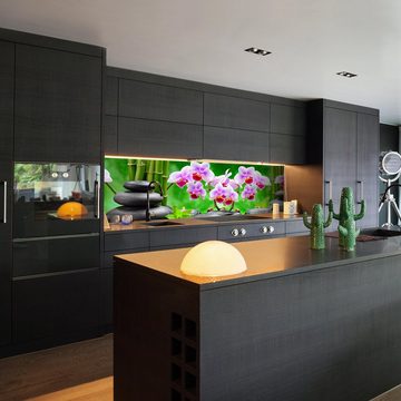 wandmotiv24 Küchenrückwand Steine schwarz orchidee bambus kerzen, (1-tlg), Premium Hartschaum Nischenrückwand in versch. Größen