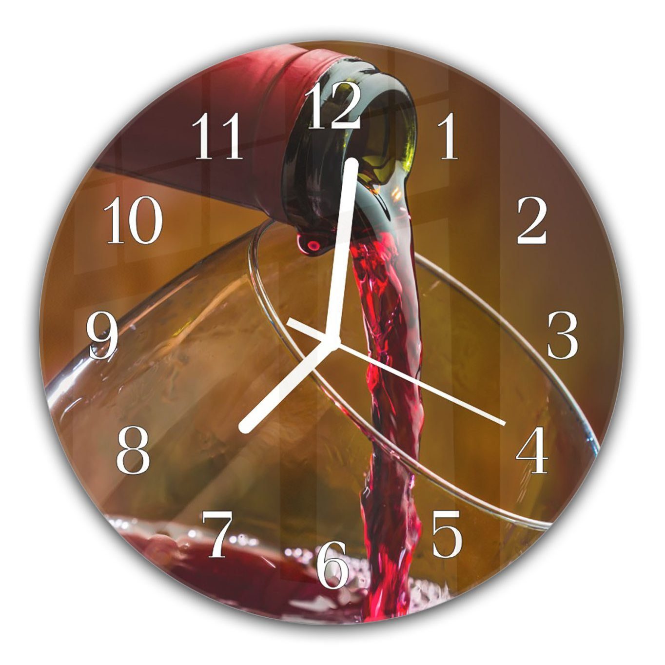 Primedeco Wanduhr Wanduhr aus Glas mit Motiv Rotwein wird eingeschenkt - Rund mit Durchmesser 30 cm und Quarzuhrwerk