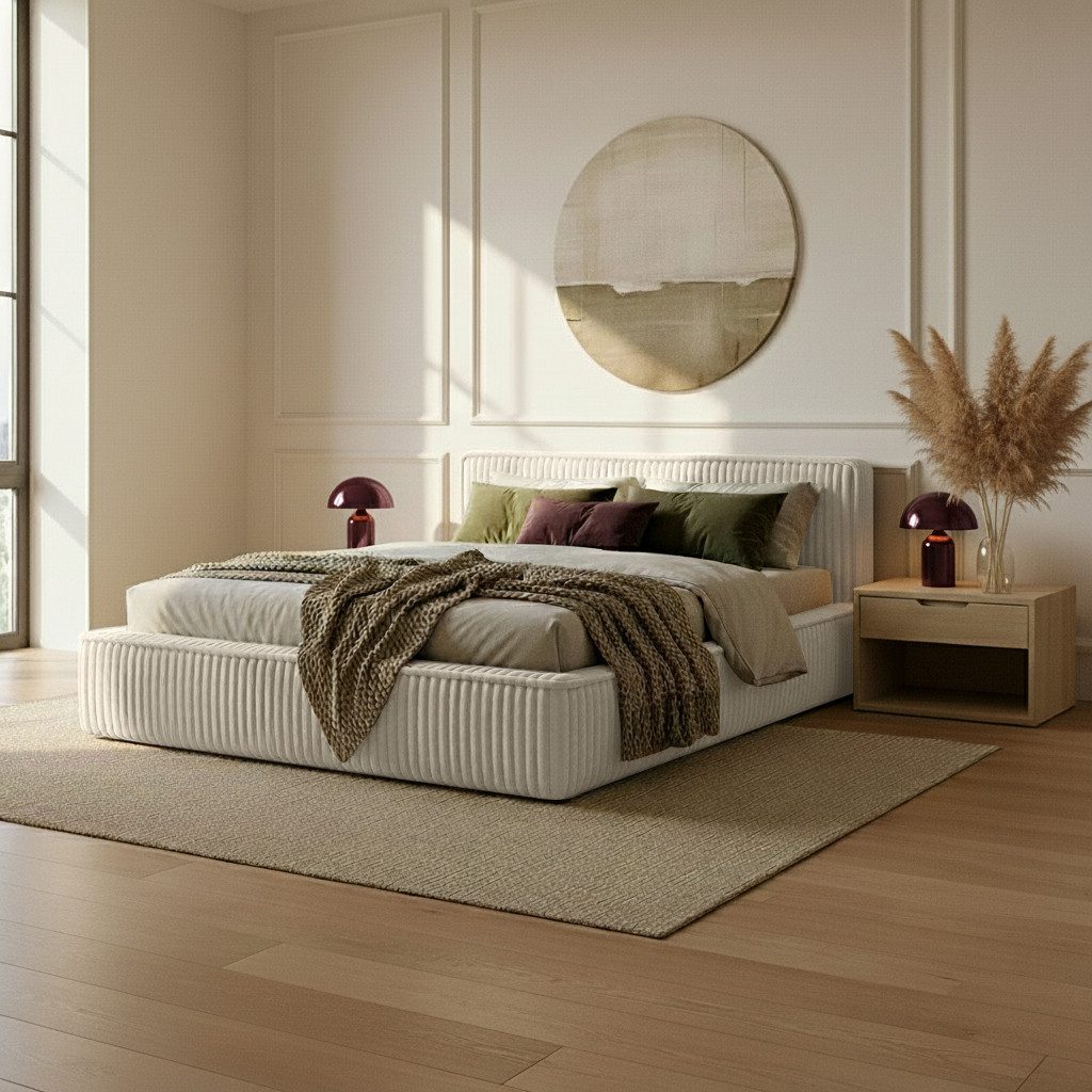 thematys Polsterbett mit Bettkasten, CLOUD 140x200 160x200 180x200 200x200cm (Kopfteil im Modernen-Look – weich, modern und pflegeleicht), hochwertiger Bouclé-Stoff in Ash, Weiß, Beige und Kreme, Inklusive Lattenrost: Holzrahmen,hochwertiger Stoff), hydraulische Klappfunktion für Stauraum