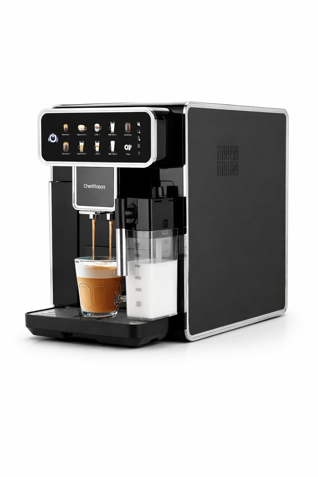 ChefRobot Espressomaschine AM7203 für Espresso, Cappuccino, Latte und Americano, Mit Selbstreinigungsfunktion, 4-stufigem Mahlgrad und Touchscreen