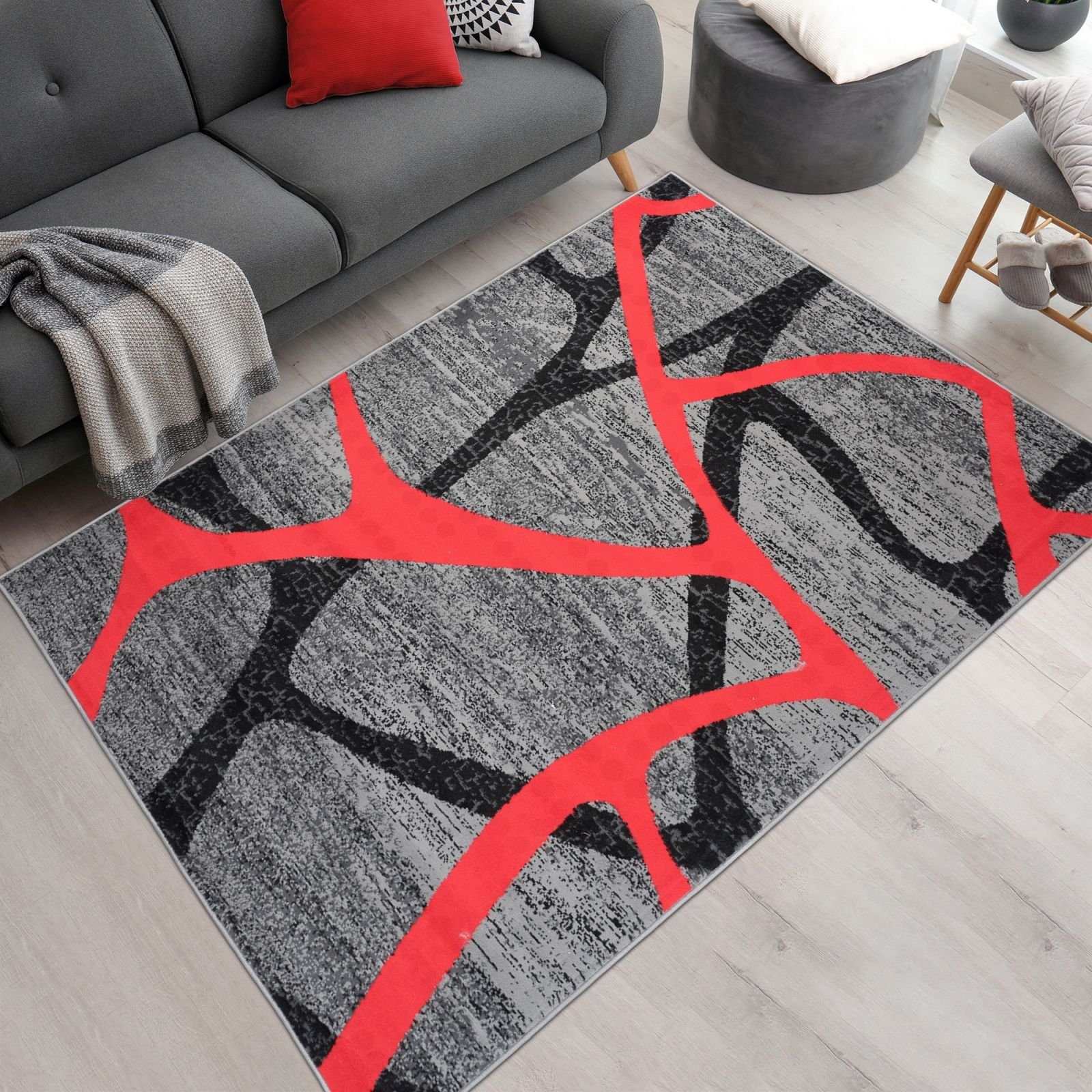 Designteppich Modern Teppich Geometrisch Grau Rot - Weich, Pflegeleich, Mazovia, 250 x 300 cm, Geeignet für Fußbodenheizung, Höhe 7 mm, Kurzflor