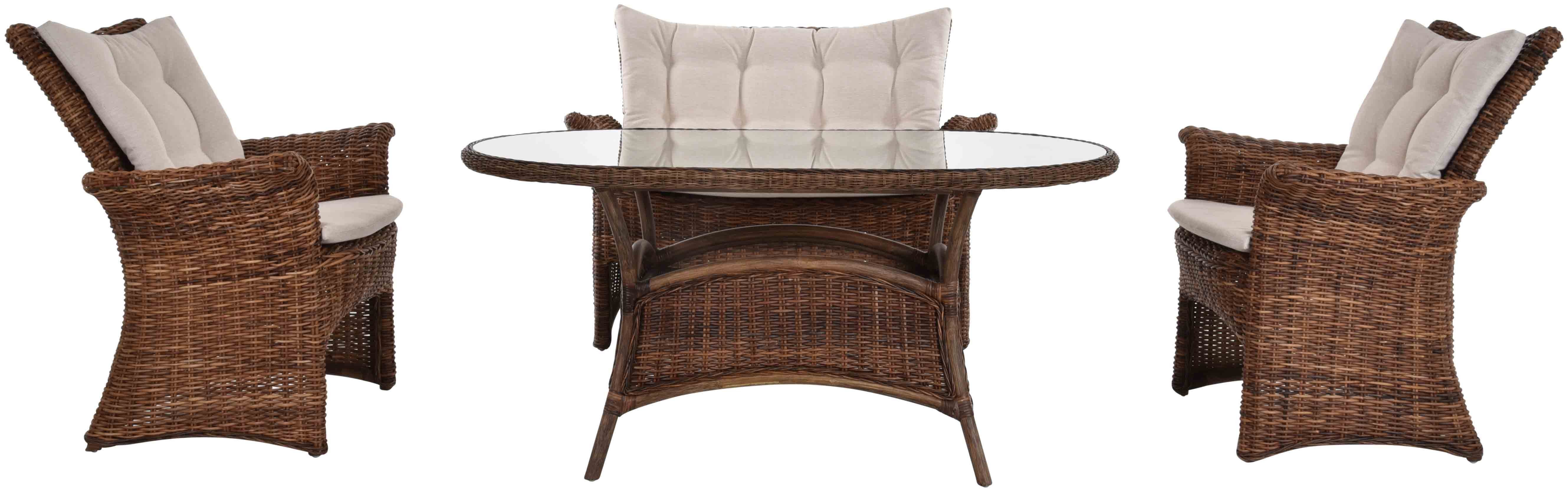Krines Home Sitzgruppe Set/4 Elegante Rattan Sitzgarnitur Rattanset 4 Personen (Braun Natur), (4-tlg., 2x Sessel, 1x Zweisitzer, 1x Tisch), Wintergartenset, Ablage unter der Tisch-Glasplatte