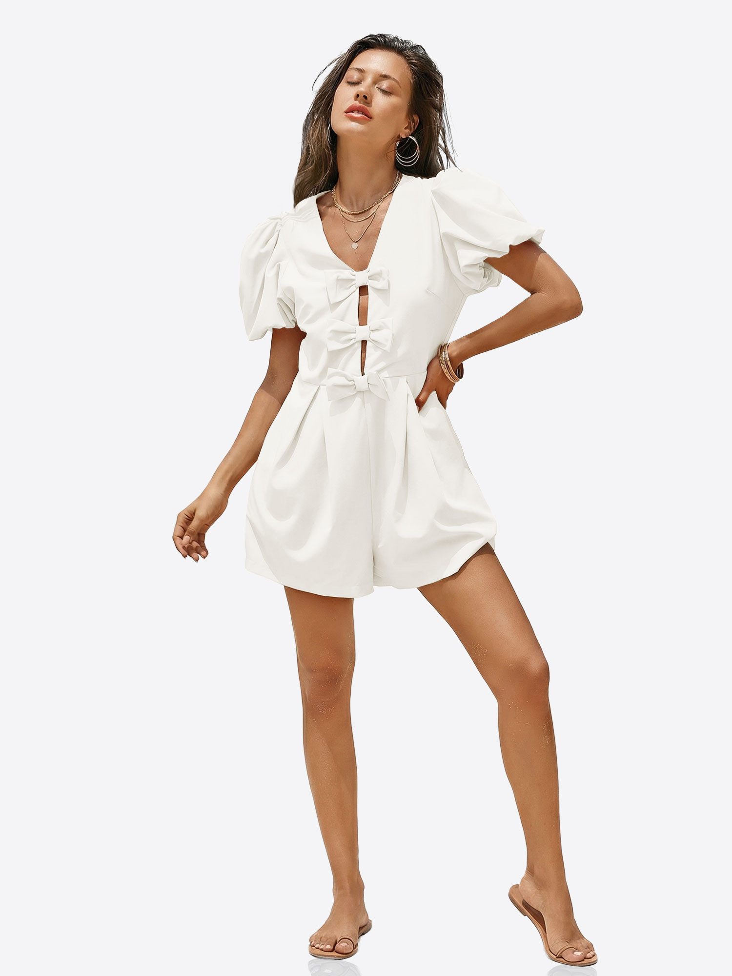 Imily Bela Strampler Damen Jumpsuits mit Schleife vorne und Puffärmeln (Packung, 1-tlg., 1per-Pack) einfarbig – Bild 4 von 5