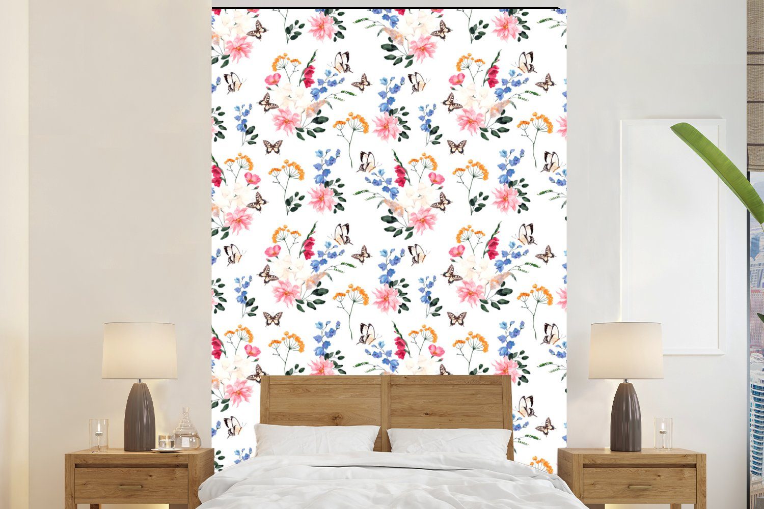 MuchoWow Fototapete Blumen - Schmetterling - Pastell, Matt, bedruckt, (3 St), Montagefertig Vinyl Tapete für Wohnzimmer, Wandtapete | Fototapeten