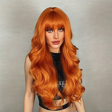 YRIIOMO Toupet Perücke für Damen mit orangefarbenem langem Haar, großen lockigen, Wellen, modischem Luftpony, Vollkopfbedeckung