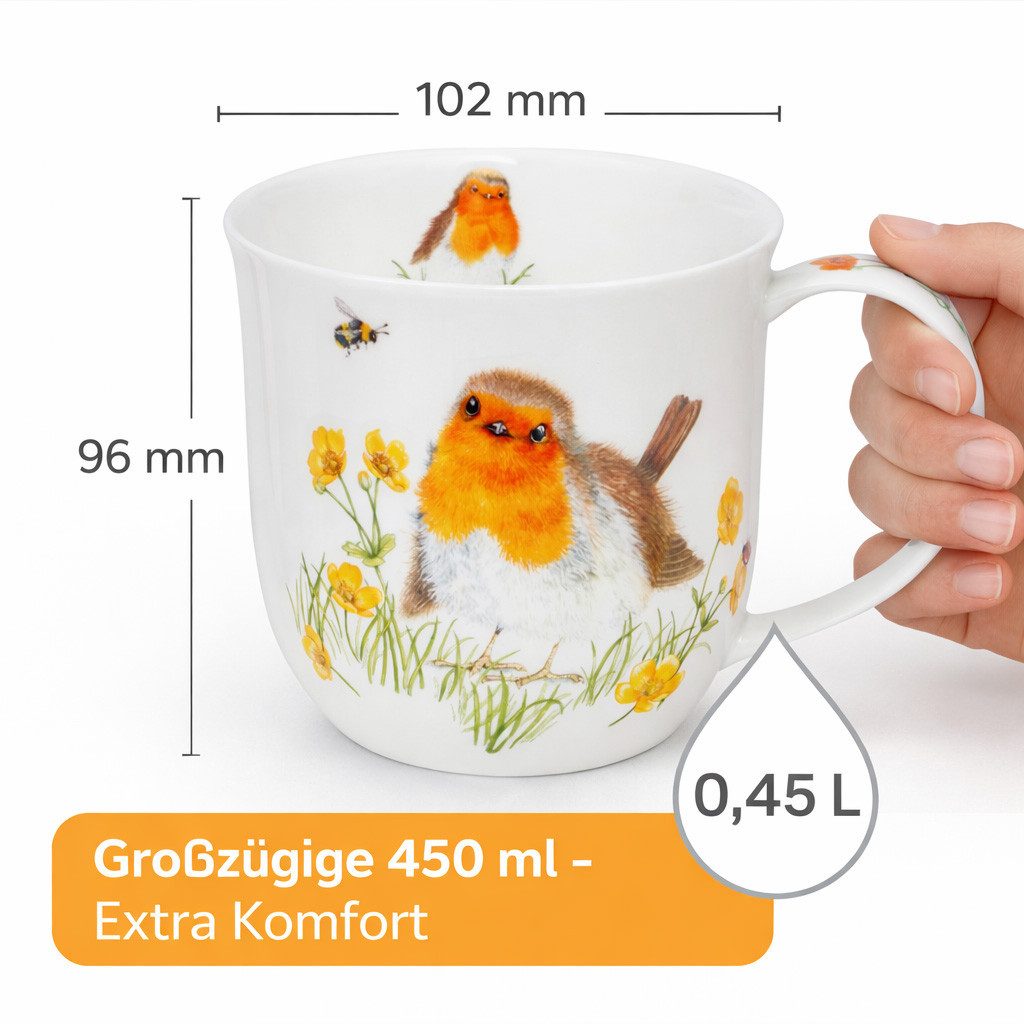 Dunoon Tasse Bone China Kaffeetasse 450 ml Cumbrae Robins Becher mit Rotkehlchen, 1-tlg., Porzellan, Spülmaschinengeeignet