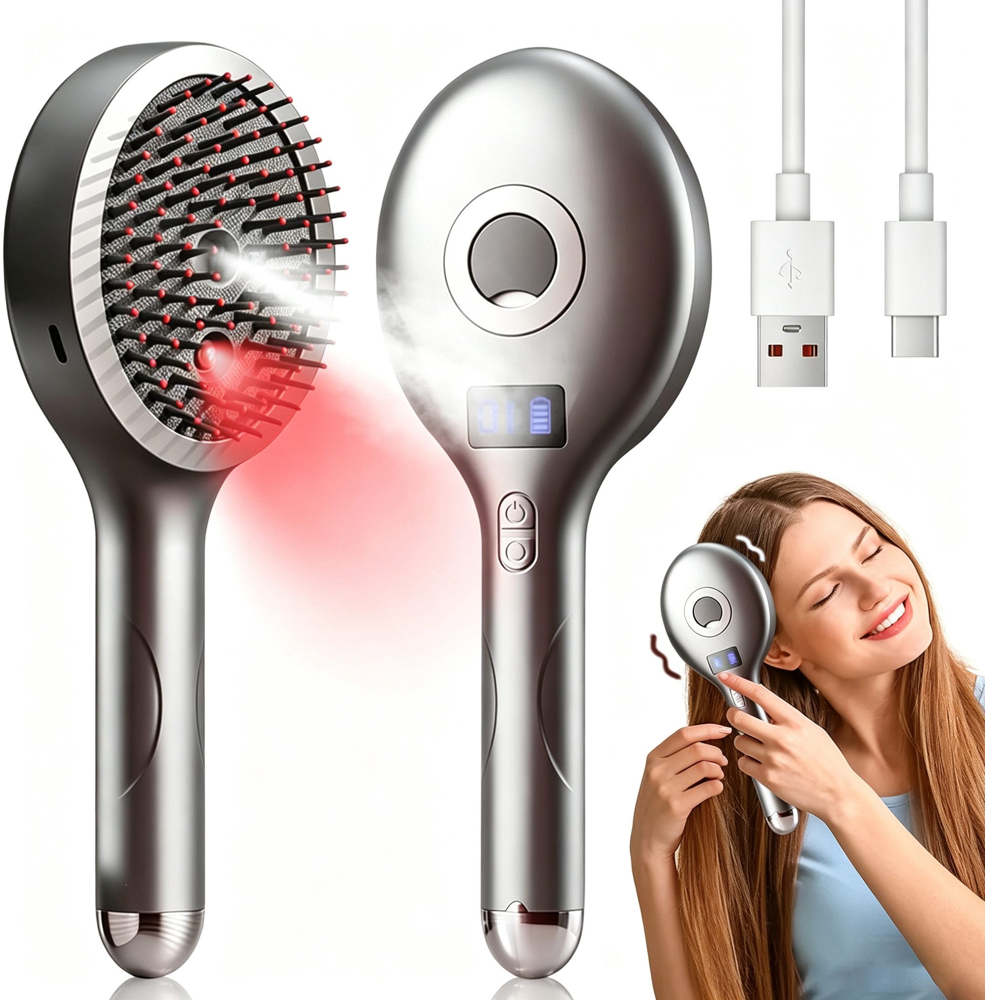 Vornix Haarglättbürste Elektrische Kopfhaut Massagebürste mit Rotlicht,Vibrationsmassage, Sprühfunktion, Haarpflege Bürste mit 10 ml Flüssigkeitsbehälter