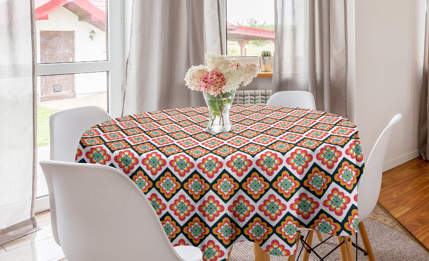 Abakuhaus Tischdecke Kreis Tischdecke Abdeckung für Esszimmer Küche Dekoration, Ethnisch Checkered Folkloric Vibrant | Tischdecken