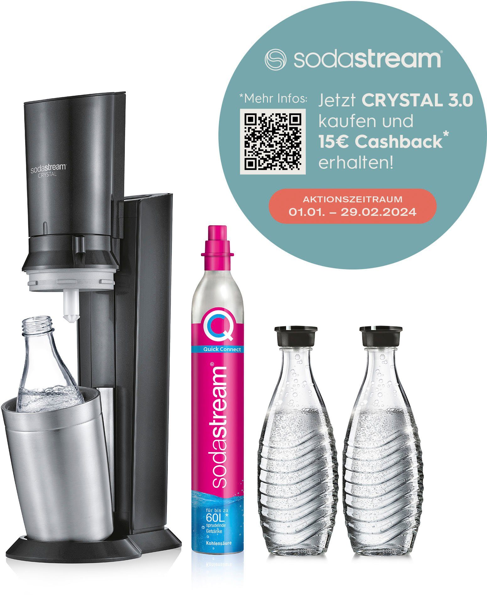 SodaStream Wassersprudler Crystal 3.0-Bundle, (Set, 5-tlg), mit Quick  Connect CO2-Zylinder und 3x Glaskaraffe 0,7 L