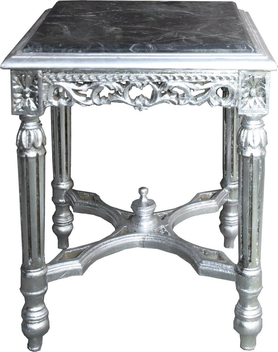Casa Padrino Beistelltisch Barock Beistelltisch Eckig Silber mit schwarzer Marmorplatte 41 x 41 x H 52 cm Antik Stil - Blumen Telefon Tisch