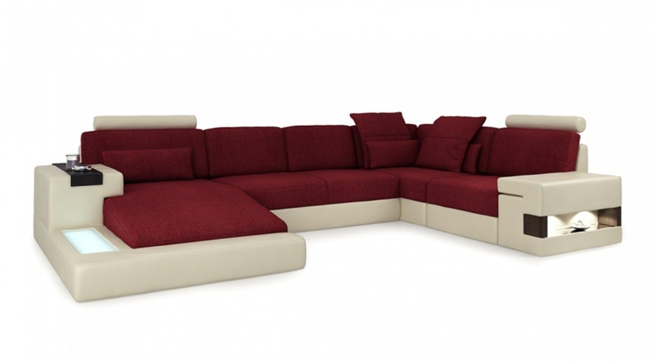 JVmoebel Ecksofa Wohnlanschaft Ecksofa Sofa Grau Leder Textil Rot/Weiß Form U Couch Neu Bellini