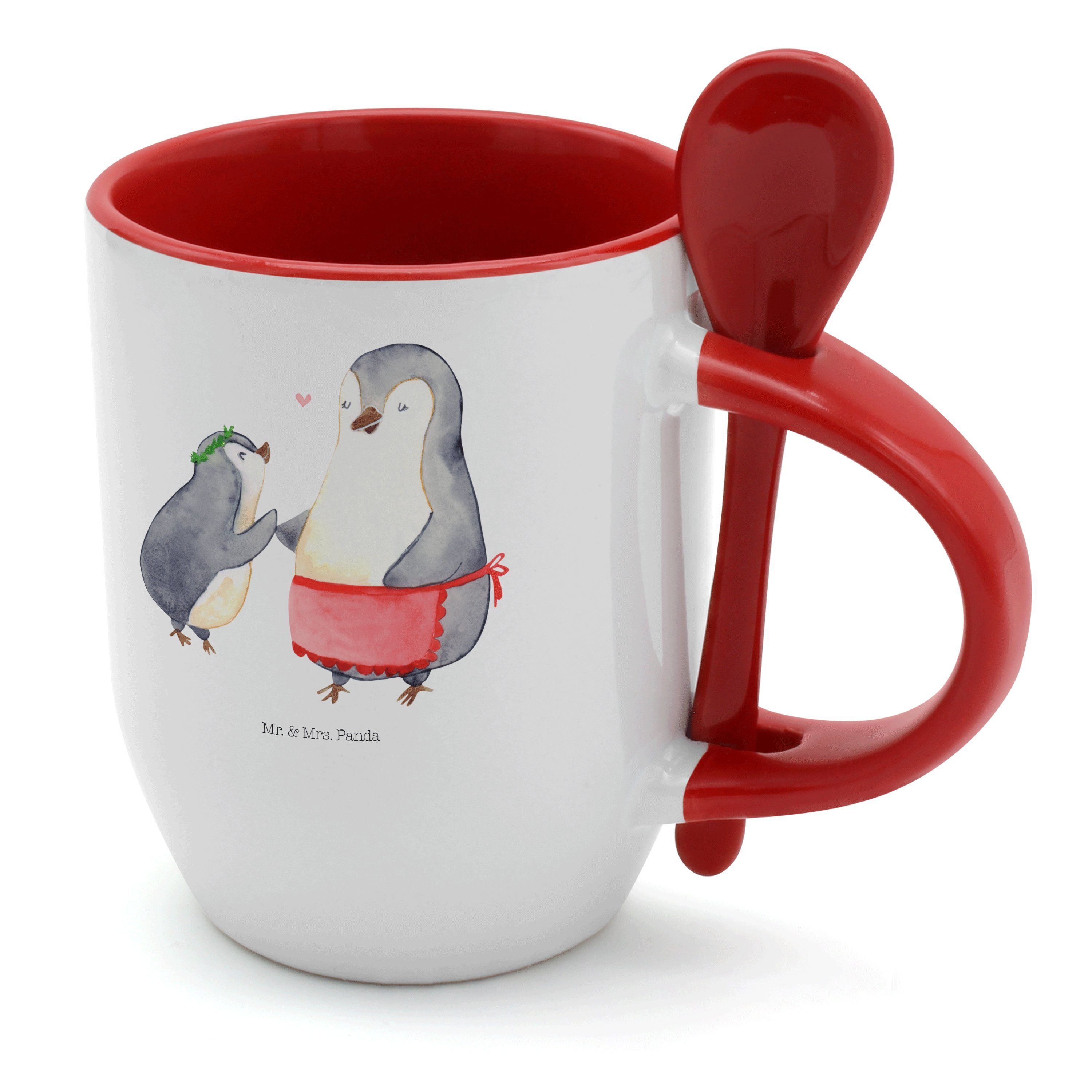 Mr. & Mrs. Panda Tasse Pinguin mit Kind - Weiß - Geschenk, Tasse mit Löffel, Oma, Tasse, Tas, Keramik