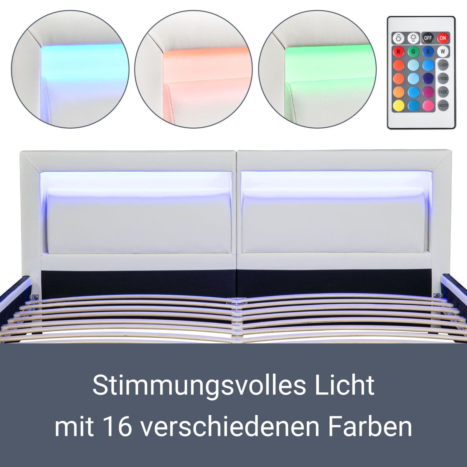 Kopfteil, Kunstleder, inkl. Weiß Matratze Juskys weiches cm, Polsterbett Murcia, RGB-LED, 180x200