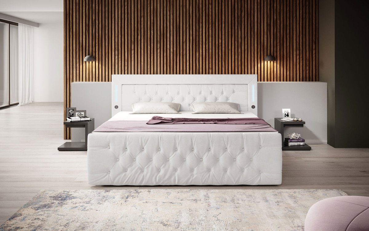 Luxusbetten24 Boxspringbett Diva, mit LED-Beleuchtung, USB-Anschluss und Stauraum