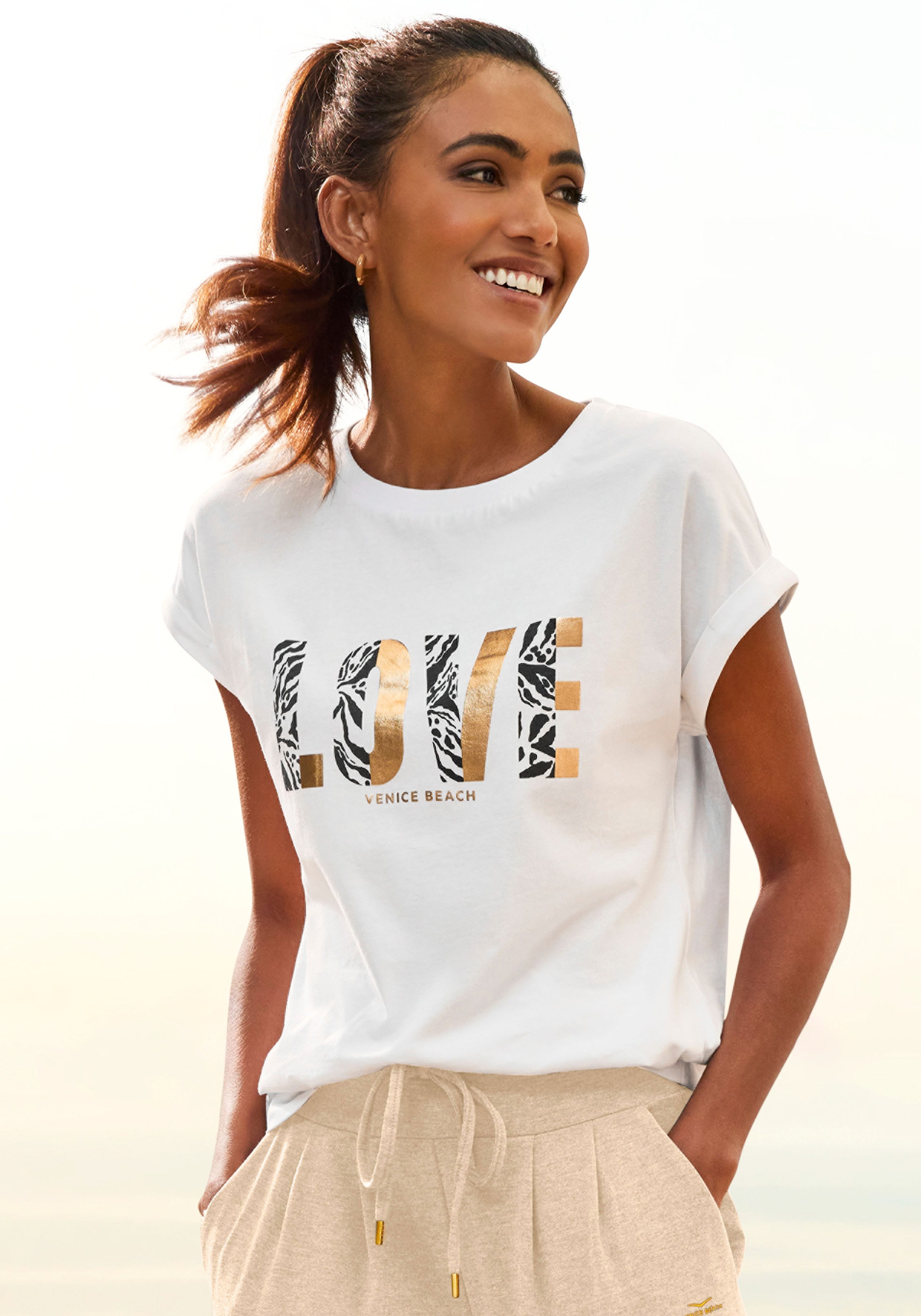 Venice Beach Kurzarmshirt mit Frontprint, T-Shirt aus Baumwolle, lockere Passform