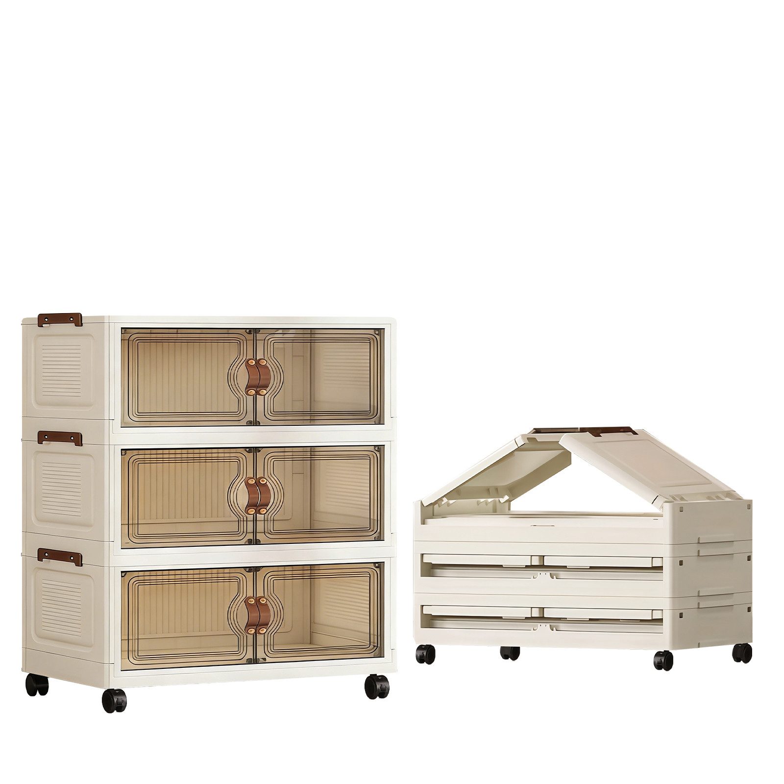 PFCTART Mehrzweckschrank Aufbewahrungsschrank faltbar mit Rollen aus PP-Kunststoff (Set, 1-St., Als Aufbewahrungsbox mit Deckel groß für Kleidung, Schuhe & Haushalt) Stapelboxen mit transparentem Frontdesign, werkzeuglose Montage
