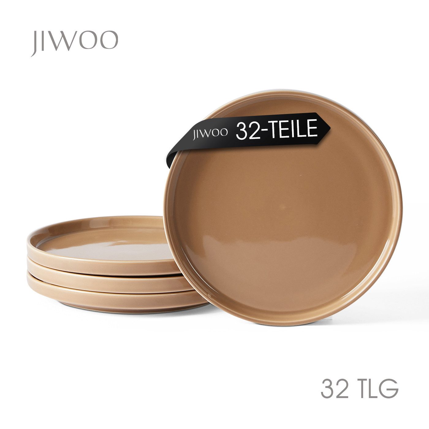 JIWOO Teller 4er Ø21cm,Frühstücksteller Steakteller Pastateller Brotteller Plate, (32 St), Keramik Hochwertiges Tellerset Braun Mikrowellen spülmaschinenfest