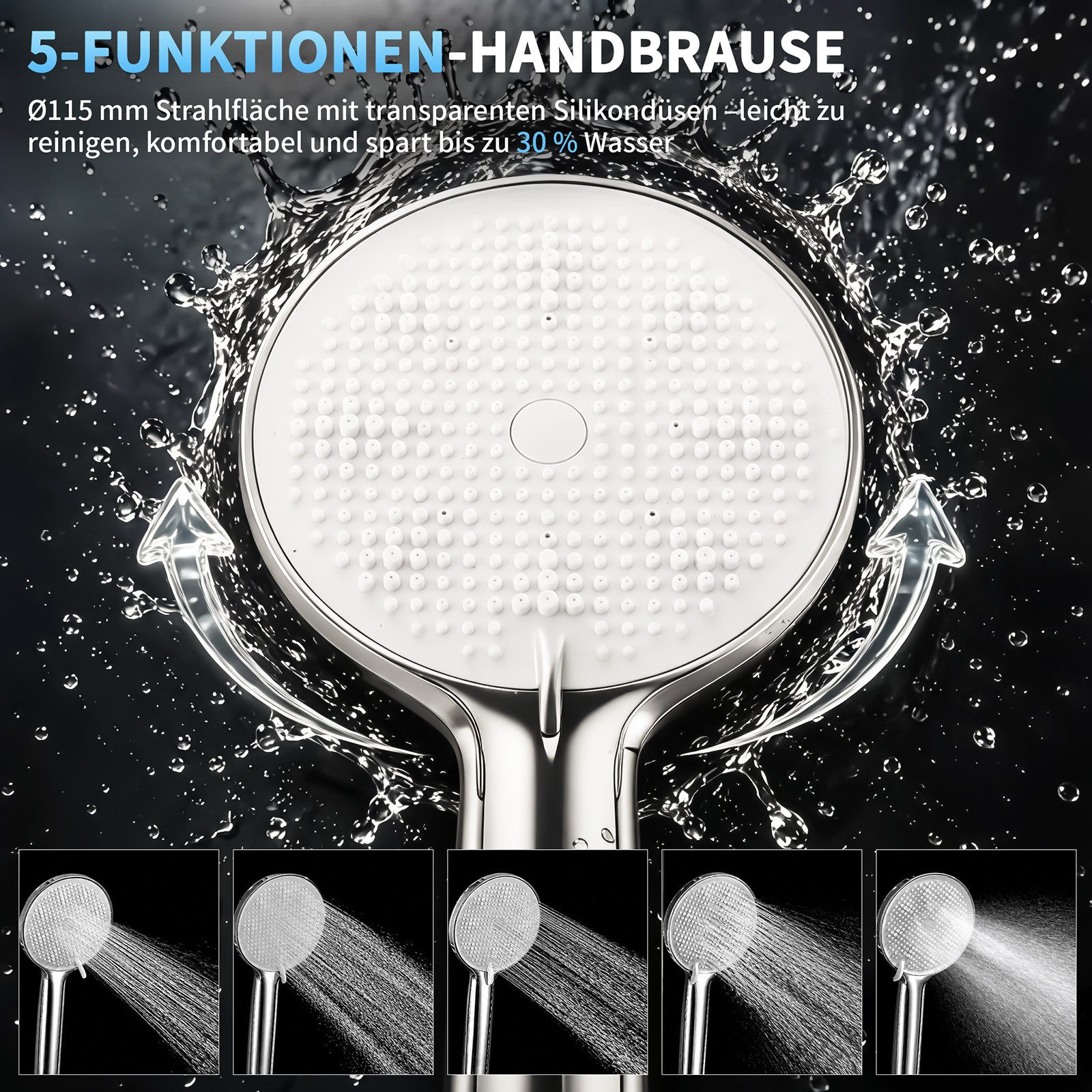 HOMELODY Brausegarnitur Badewannenarmatur Duschset mit Ablage, 5F Handbrause, höhenverstellbar, 3 Strahlart(en), 900 mm Höhenverstellbare Duschstange mit schwen – Bild 5 von 5