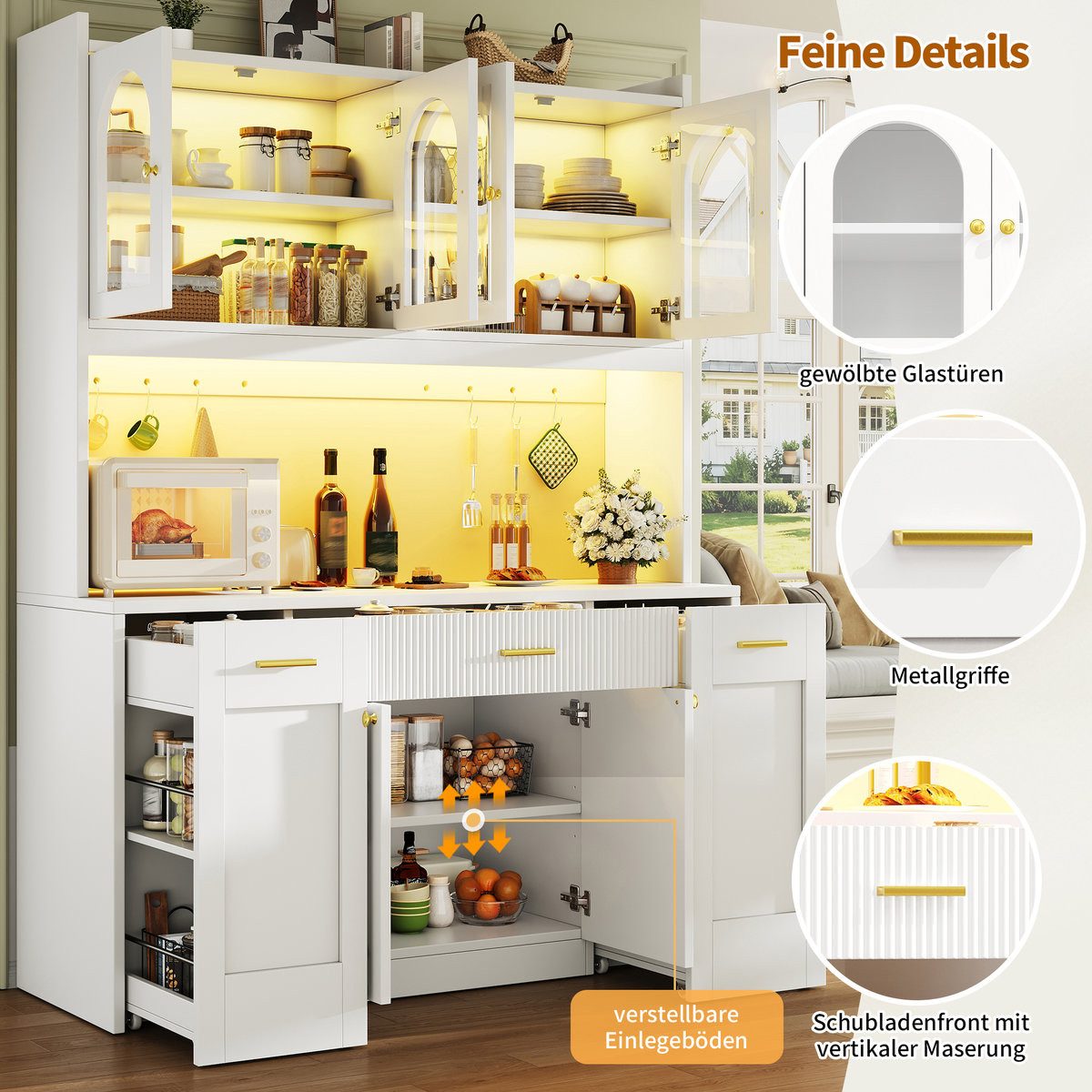 Odikalo Küchenbuffet Küchenschrank Buffetschrank mit LED Schublade und Roll-Ablagen (Hochküchenschrank 120cm mit RGB-LED, App-Steuerung, 3 Glasvitrinen, Schubkä – Bild 5 von 5