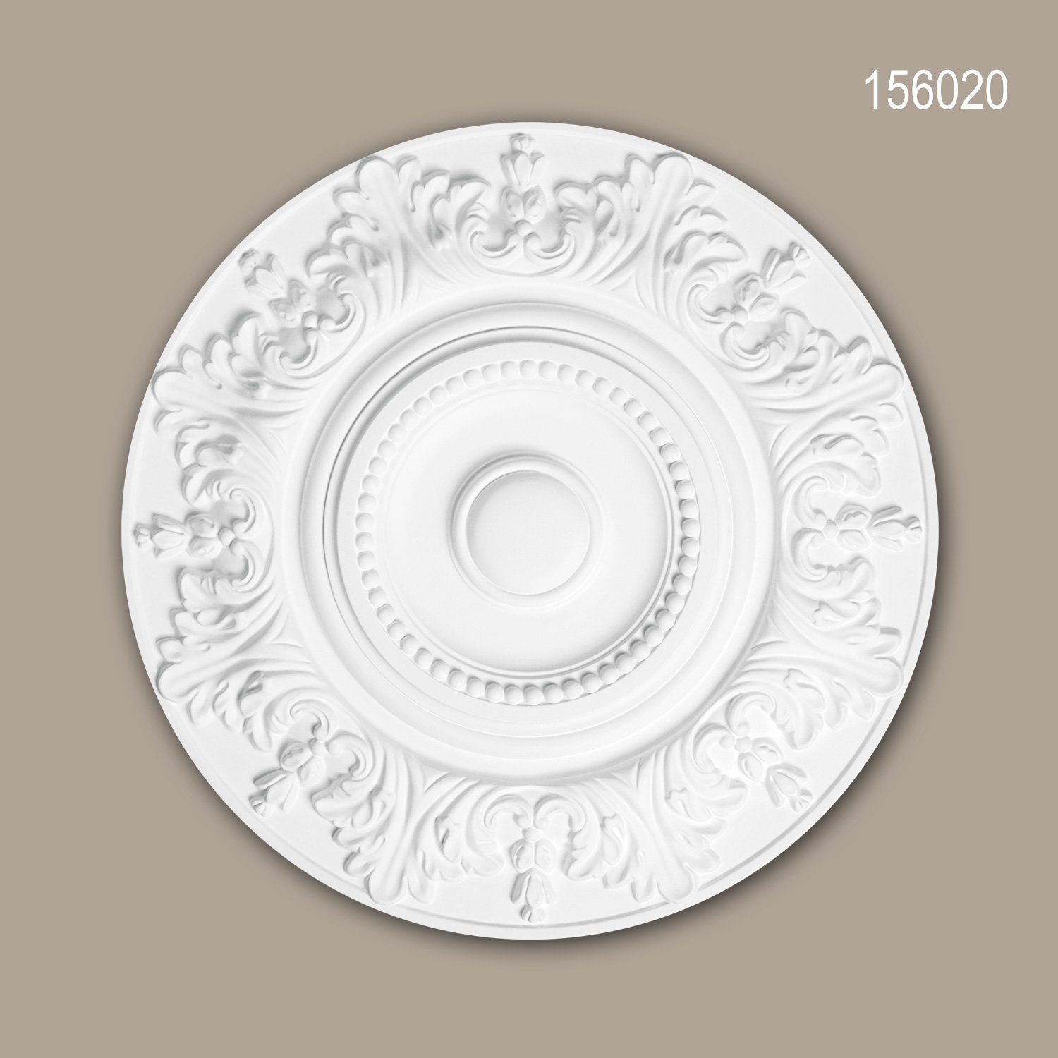 Profhome Decken-Rosette 156020 (Rosette, 1 St., Deckenrosette, Medallion, Stuckrosette, Deckenelement, Zierelement, Durchmesser 47 cm), weiß, vorgrundiert, Stil: Rokoko / Barock