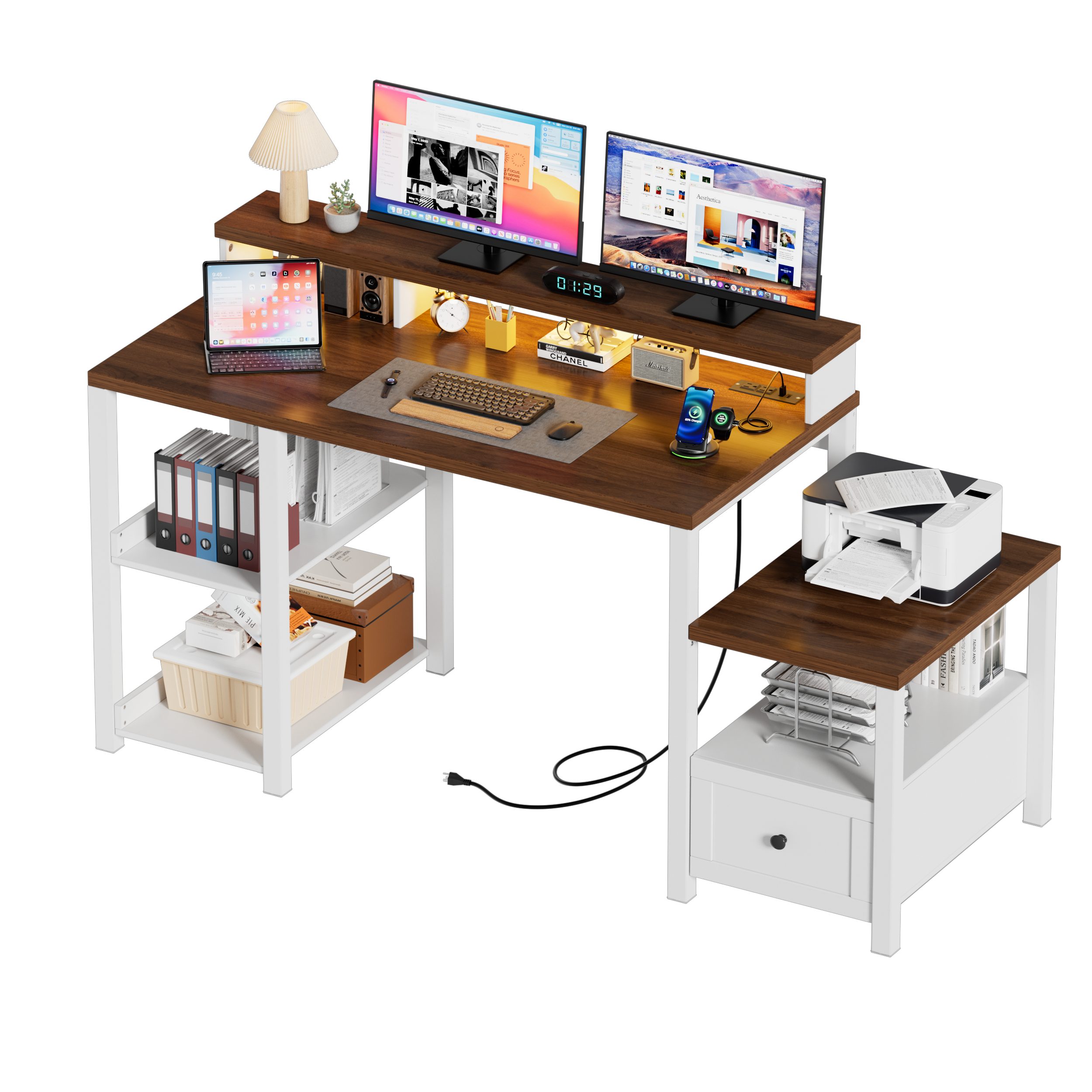 TWSOUL Schreibtisch Gamingtisch mit Schublade und Steckdosen, Tablett mit Ständer, mit LED, 155x89cm, Druckerablage Homeoffice-Computertisch Holz