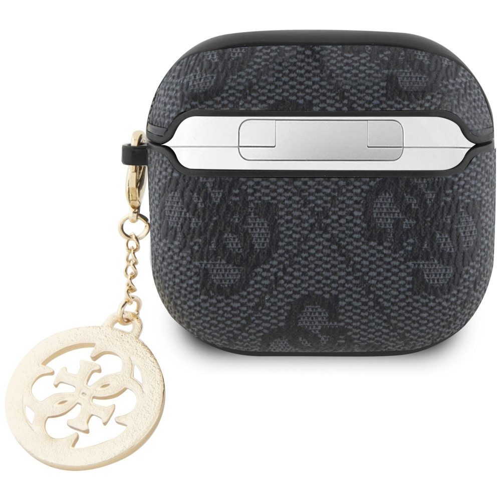 Guess Kopfhörer-Schutzhülle Case AirPods 4 Kunstleder grau Logo Metal Kette Strass goldfarbig, Kantenschutz