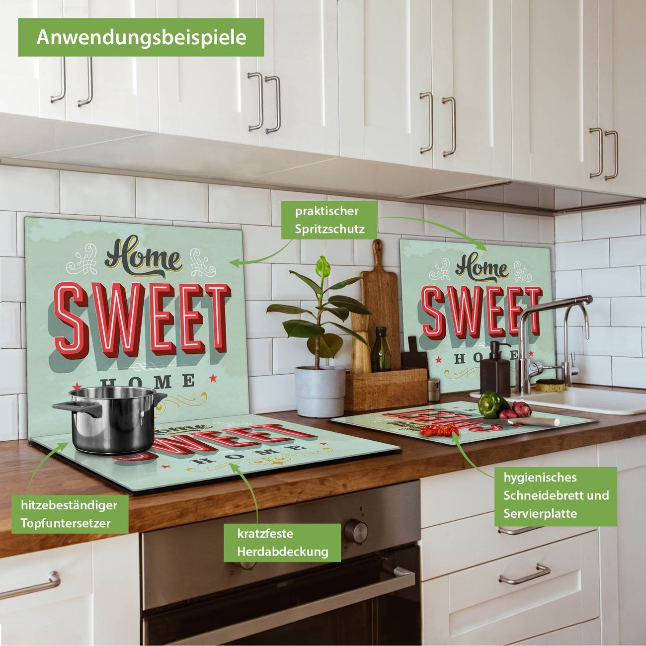 banjado Herd-Abdeckplatte einteilig aus Glas mit Motiv Home Sweet Home, (gehärtet, 1 tlg., inkl. selbstklebende Gummifüßchen)