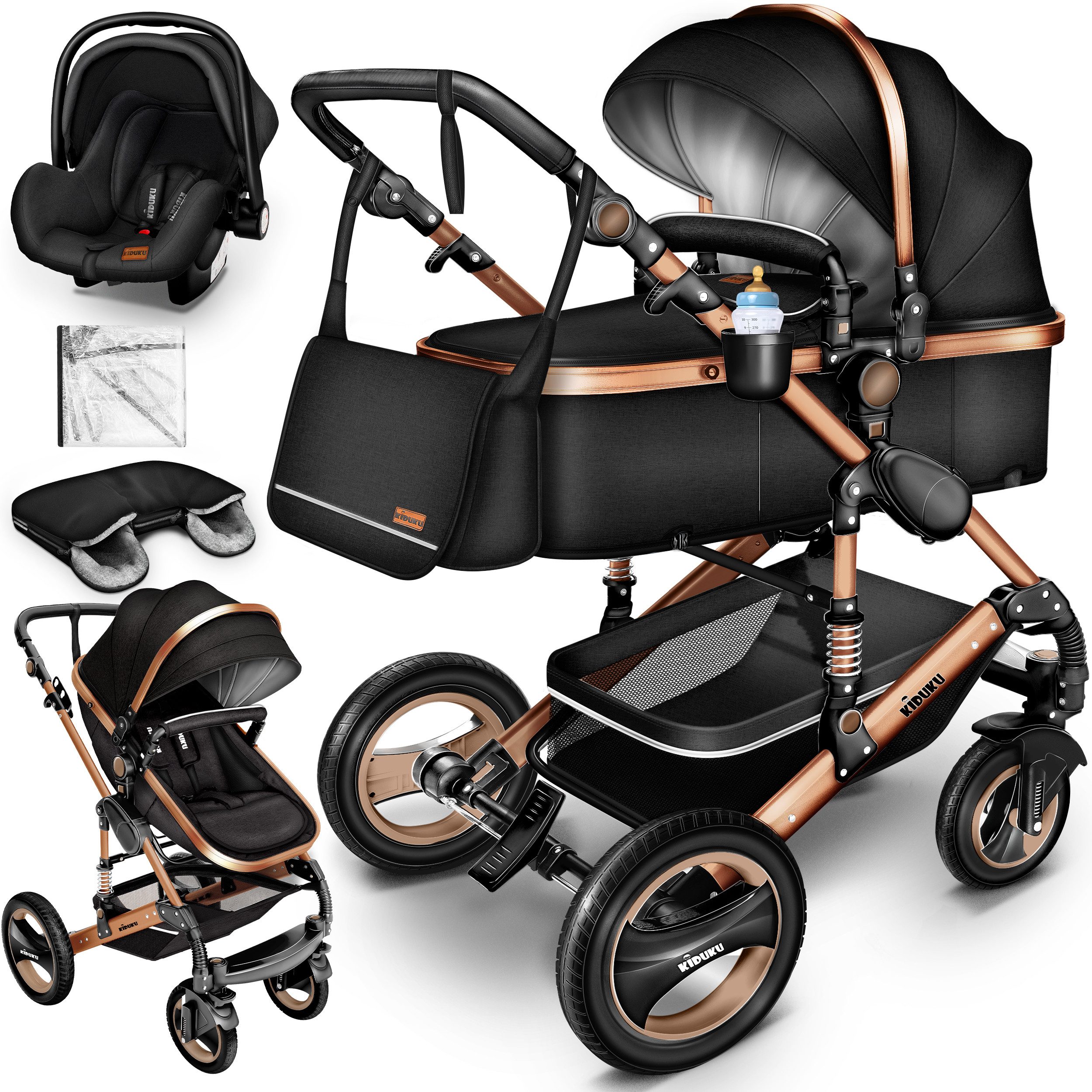 KIDUKU Kombi-Kinderwagen KIDUKU® 3 in 1 Kombi-Kinderwagen Buggy Reisebuggy inkl. Auto- Babyscha, Kindertisch