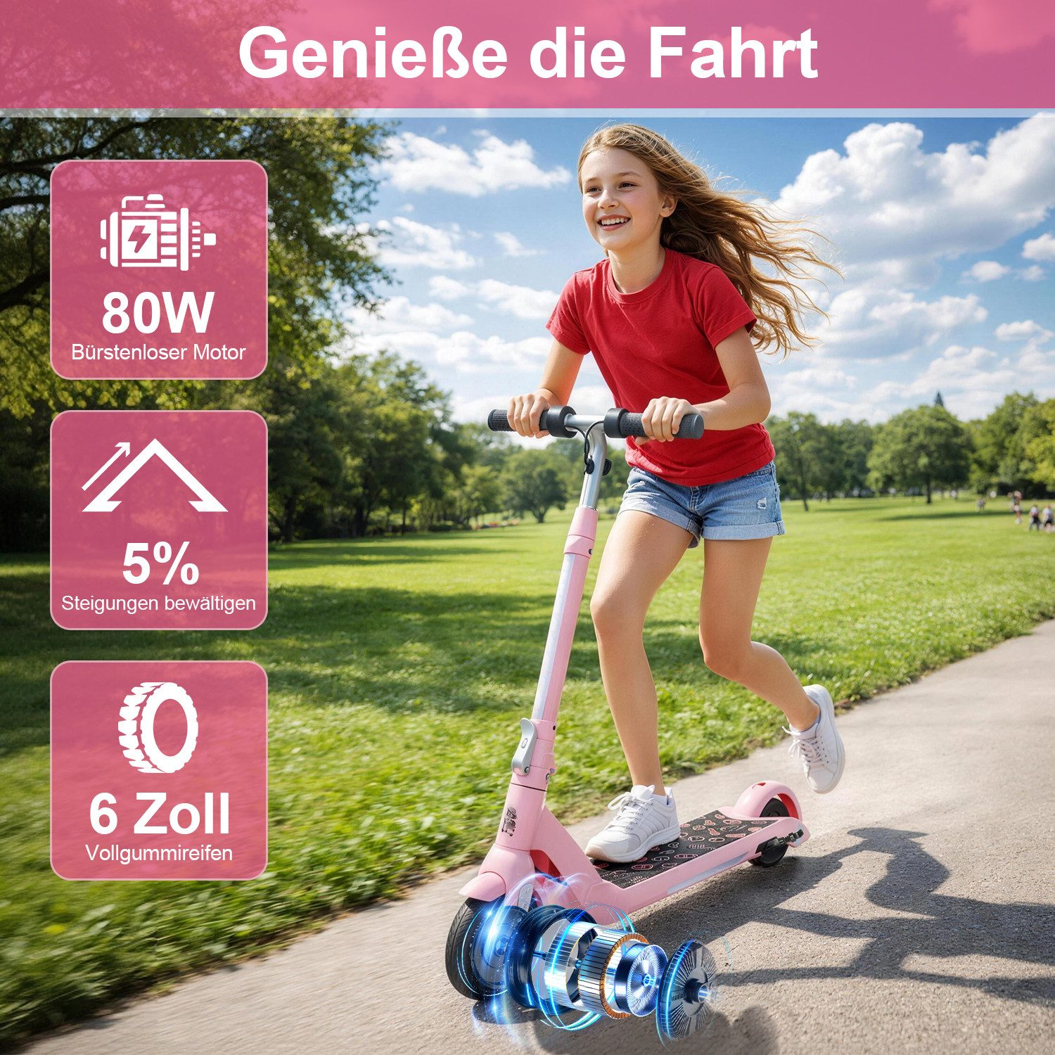 ANYSUN Elektro-Kinderroller Elektroroller für Kinder 6-12 Faltbarer E-Scooter Dual-Bremssystem, Belastbarkeit 50 kg, 6/10/15 km/h, 5-8km, LED-Beleuchtung, Leichtgewicht, Höhenverstellbar