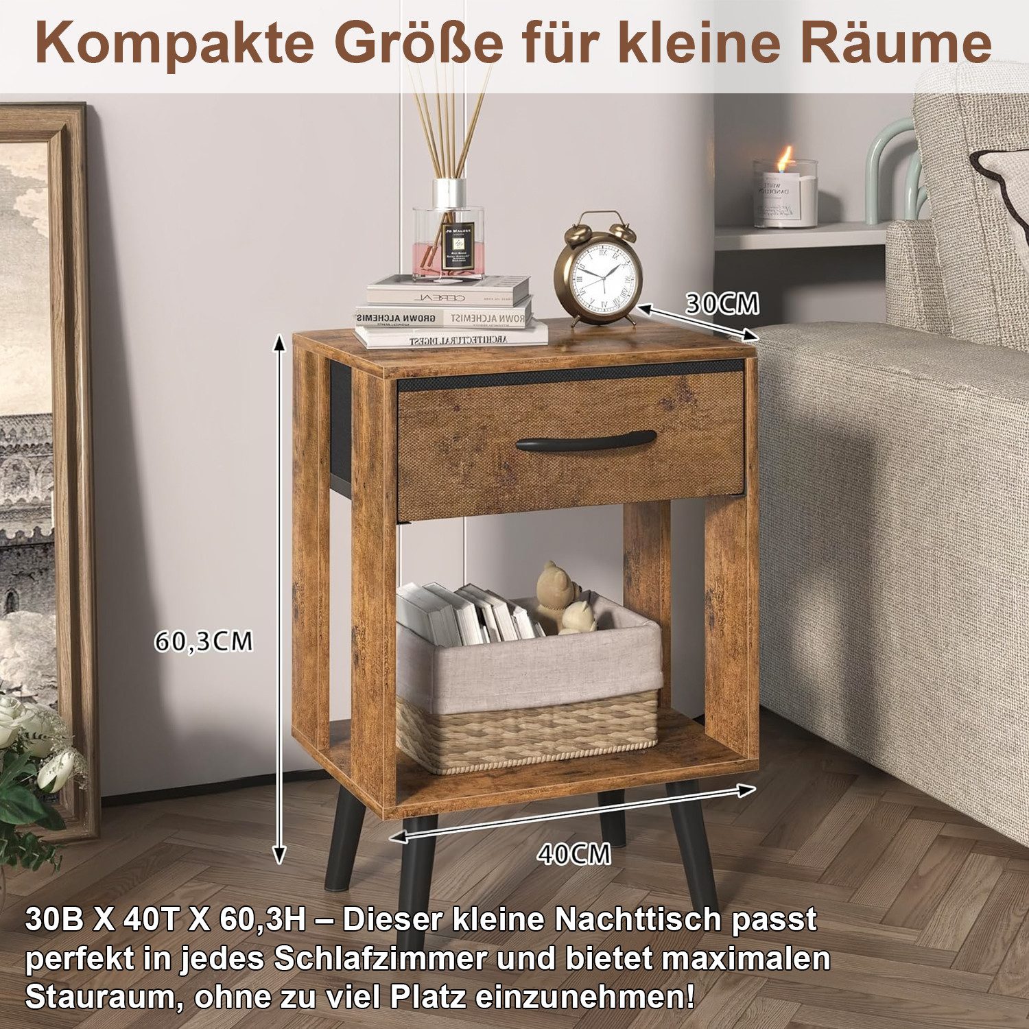 OYRREU Nachttisch Set mit Schubladen, 2 platzsparende Nachtkommoden, OTTO'S CHOICE (Holzoptik 40x30x60 cm, 2-St., Nachtschrank-Set 2-tlg. Kombination), 2er Beistelltisch platzsparendes Design, harmonisch