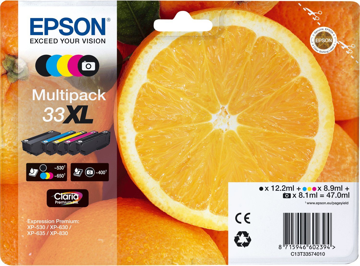 (Foto), Claria Tintenpatrone Ink 33XL schwarz, magenta, Multipack Oranges gelb cyan, schwarz Epson Epson Premium 5-colours
