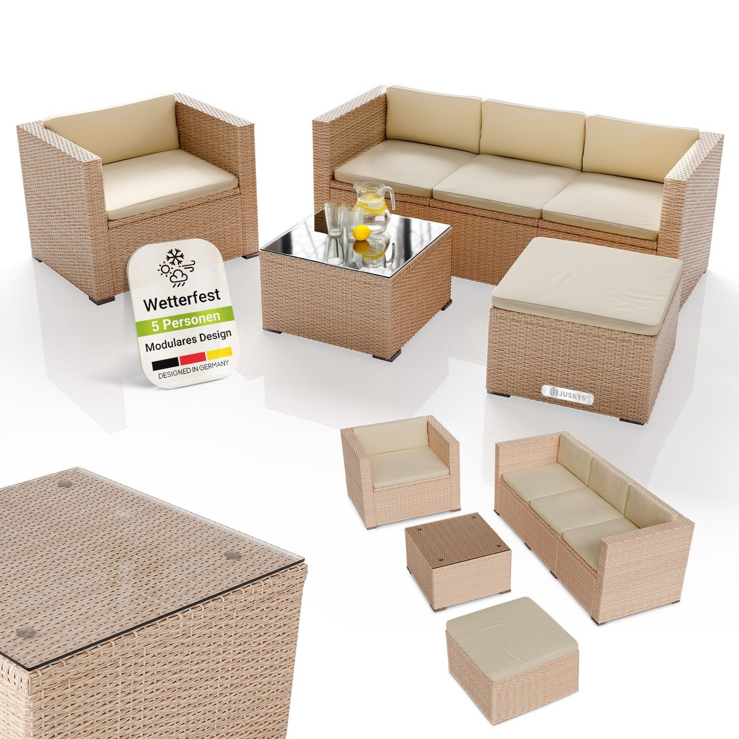 Juskys Gartenlounge-Set Punta Cana, (Set, Sitzgruppe), Sitzgarnitur, 1 Tisch, 1 Ecksofa, 1 Sessel, 1 Hocker, 1 Abdeckung