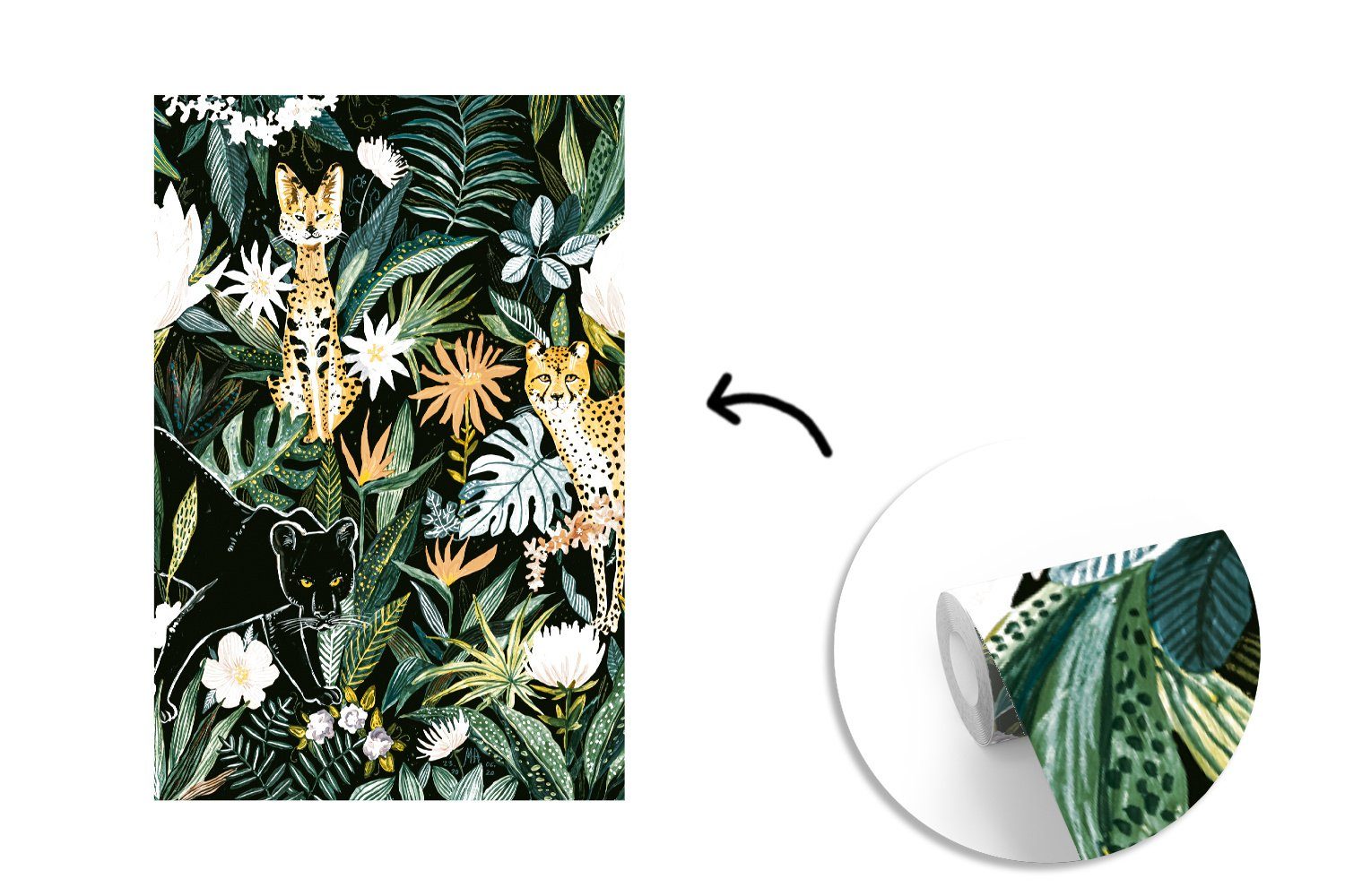 - für MuchoWow Wandtapete Montagefertig Wohnzimmer, Matt, - bedruckt, Fototapete Vinyl Dschungel (3 Pflanzen St), Panther, Tapete