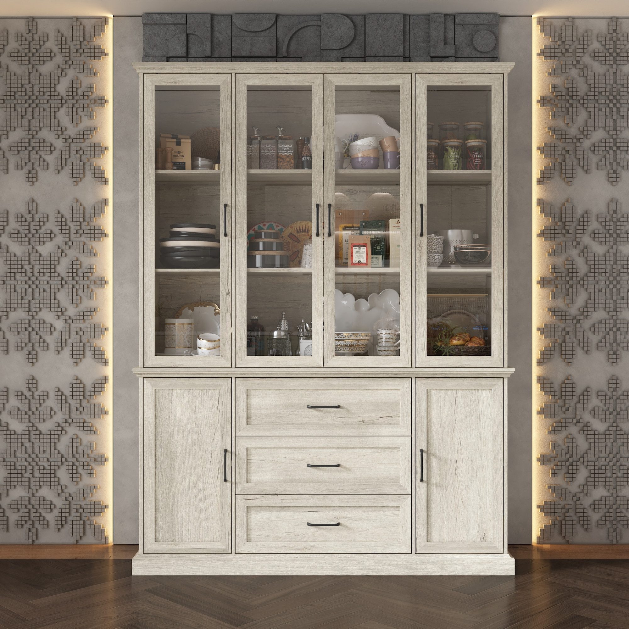 FUFU&GAGA Küchenbuffet 117.5*40*207.5cm, MDF+Glas, Weiß mit günstig online kaufen
