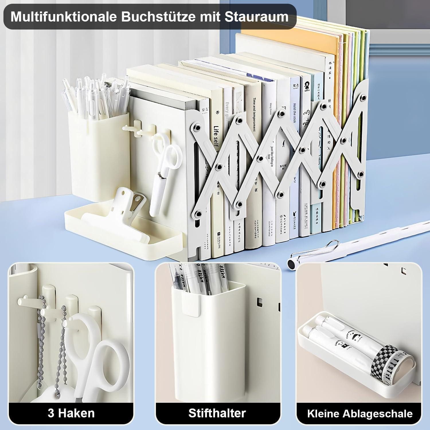 LuxusKollektion Buchstütze Buchstütze ausziehbar Weiß mit Haken Stiftehalter und Ablage 1pack