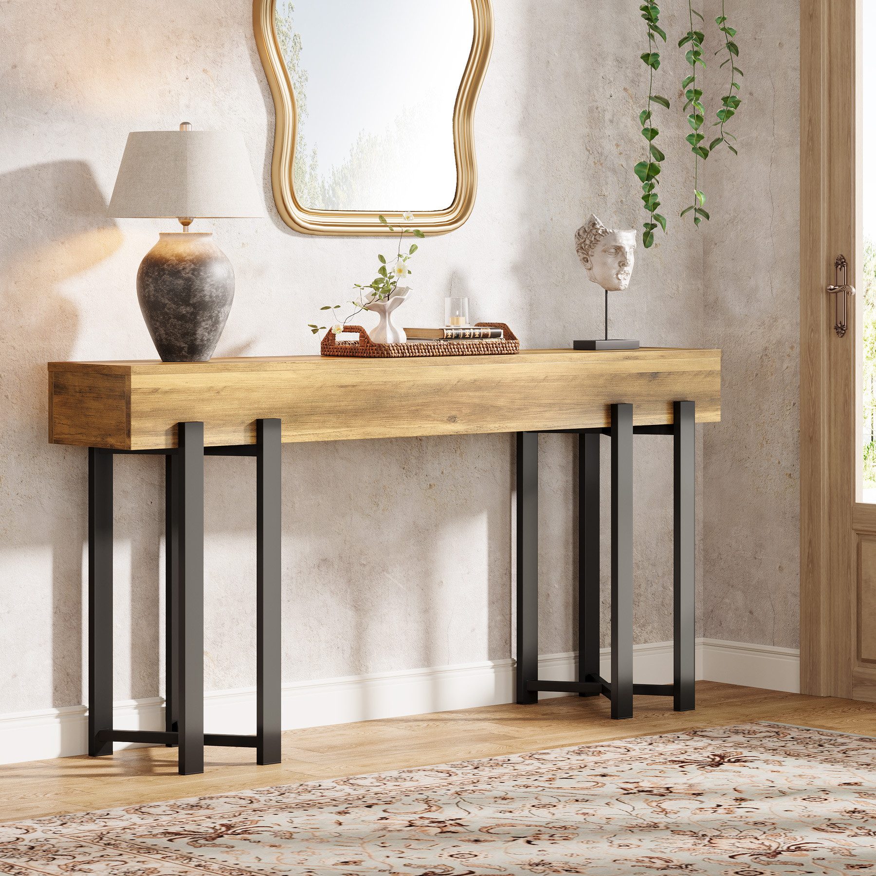 Tribesigns Konsolentisch 160x30cm Landhaus Flurtisch Eiche Optik Metallgestell