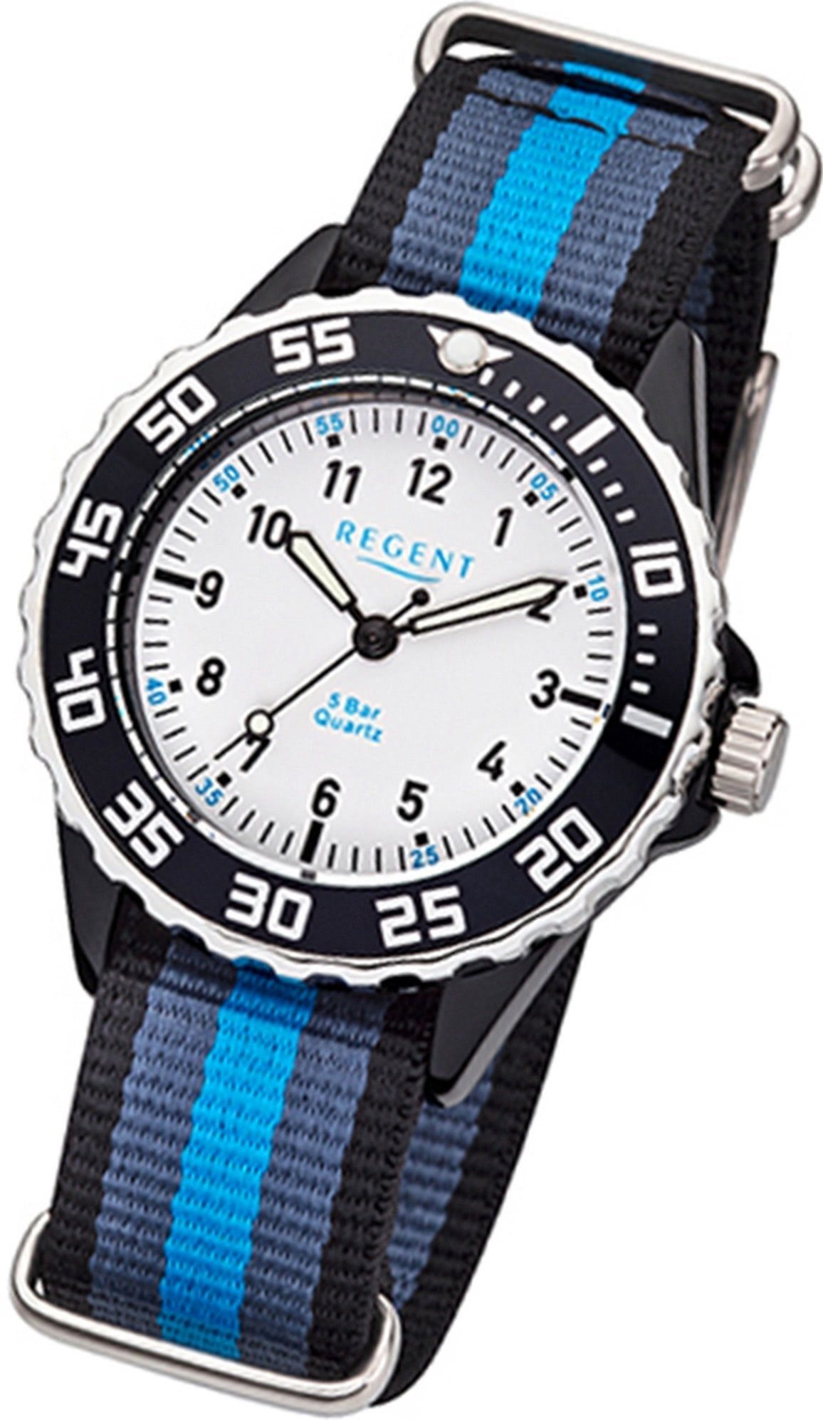 Regent Quarzuhr Regent Textil Kinder-Jugend Uhr F-1204, (Analoguhr), Kinderuhr Textilarmband blau, schwarz, rundes Gehäuse, mittel (35mm)