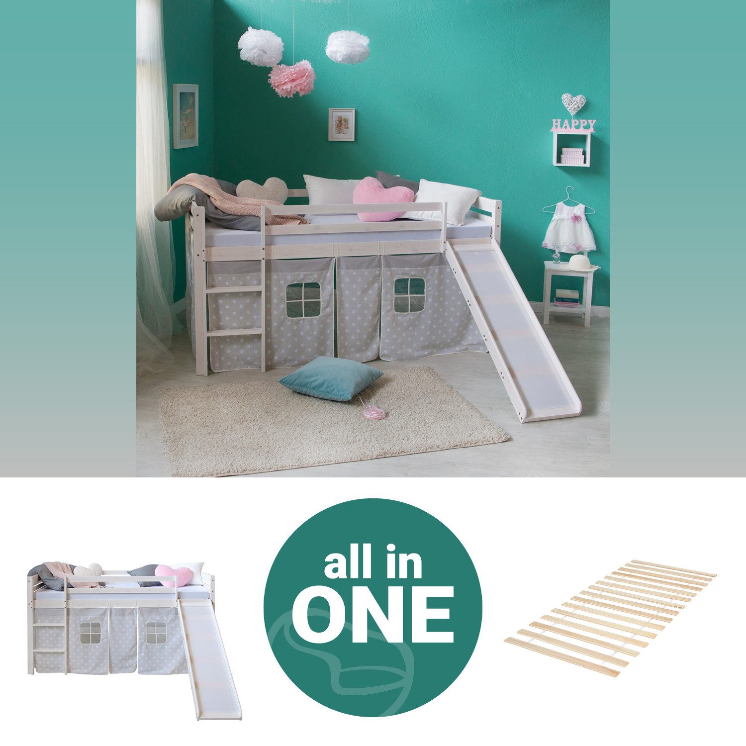 Homestyle4u Hochbett 90x200 Weiß mit Vorhang günstig online kaufen