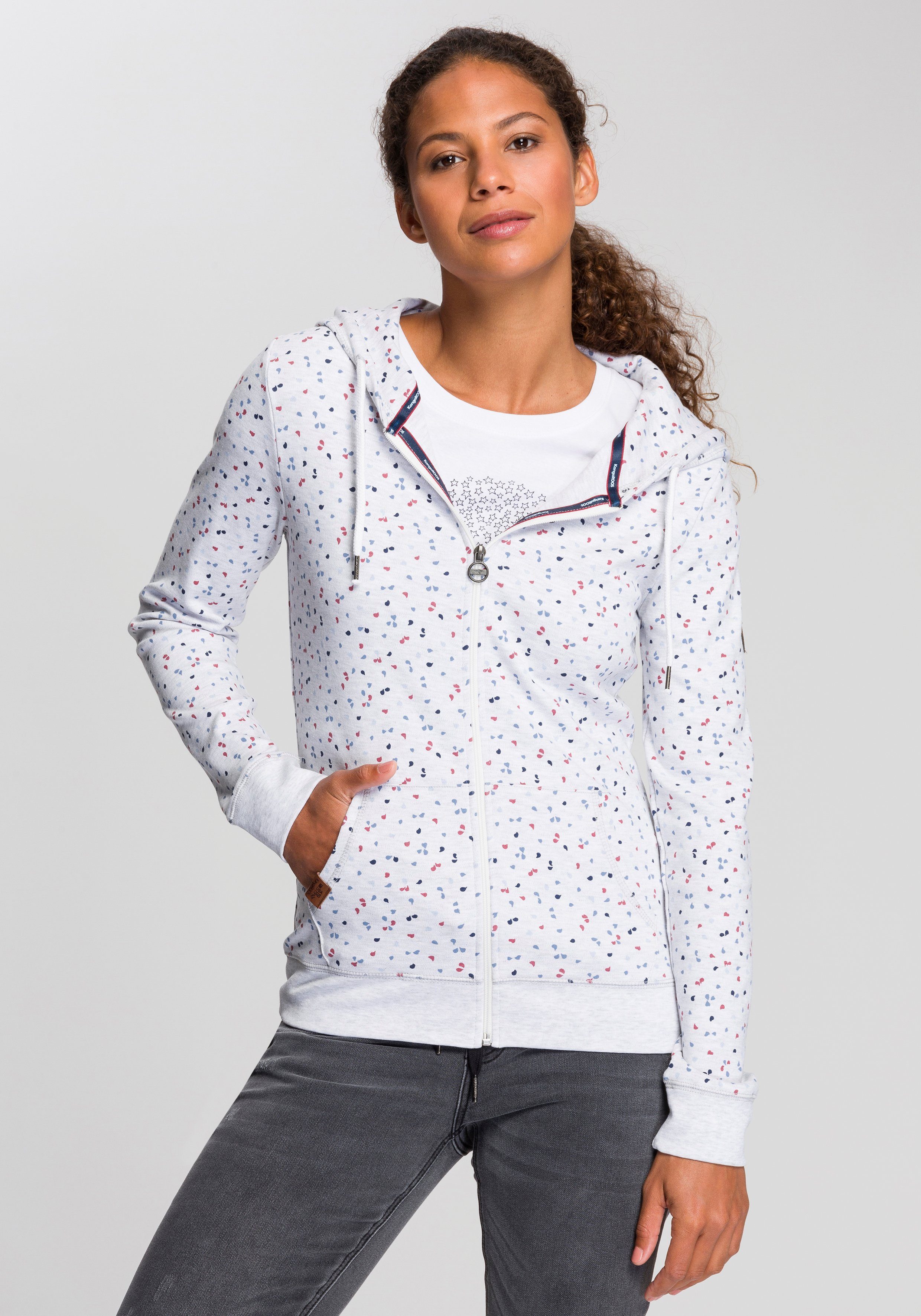 Die Zeit ist begrenzt KangaROOS Kapuzensweatjacke mit sportlichem ecru-meliert Minimal-Print