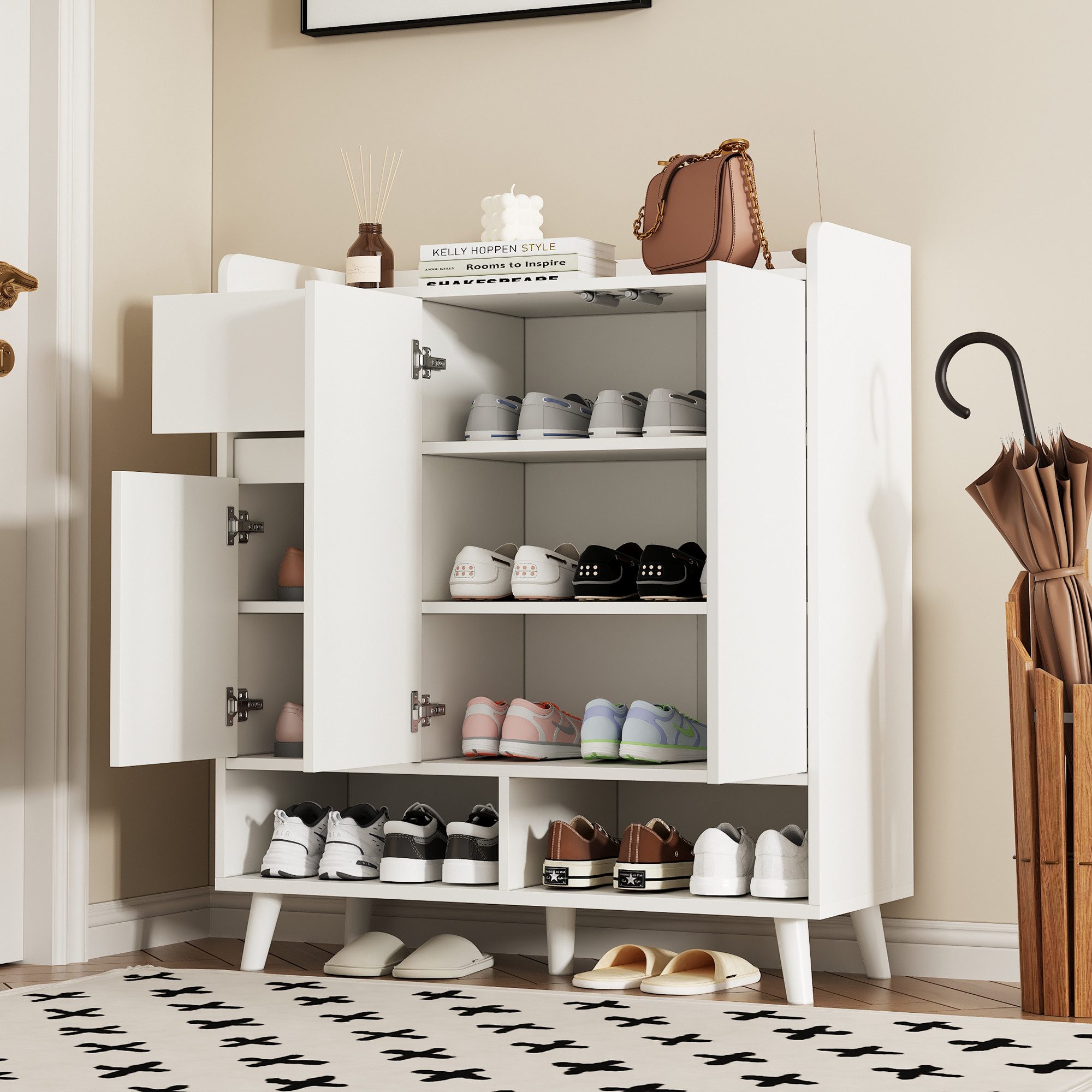 Flieks Schuhschrank mit 1 Schublade und 3 Türen Weiß (ca 12 Paar Schuhe, 1-St., mit verstellbaren Einlegeböden, H99/B90/ T35 cm) Schuhkommode Mehrzweckschrank Sideboard, Massivholzbeine