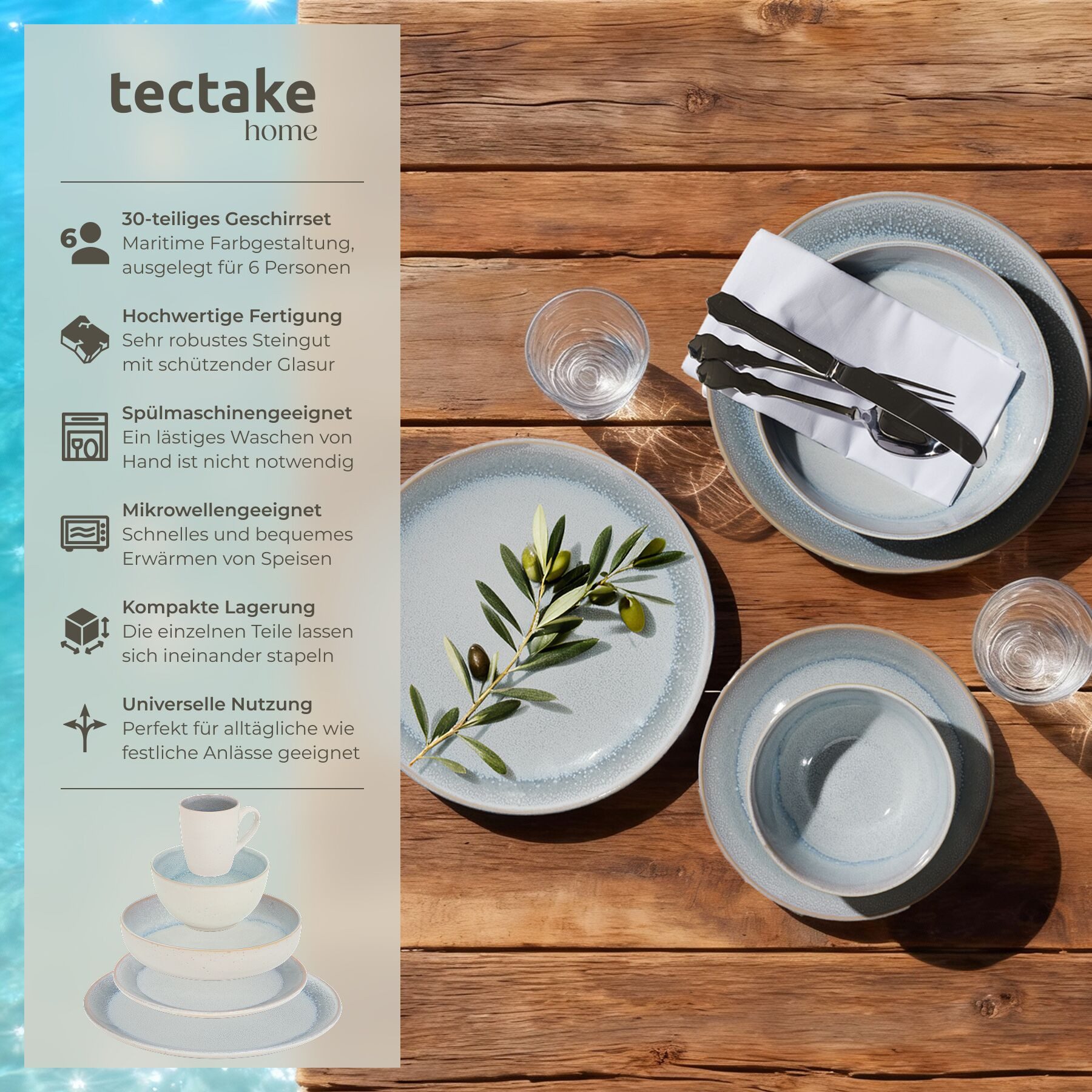 tectake Geschirr-Set Tafelservice aus Steingut für 6 Personen, ineinander stapelbar (30-tlg), 6 Personen, Steingut, handgefertigt, mit Glasur, spülmaschinen- un – Bild 2 von 5