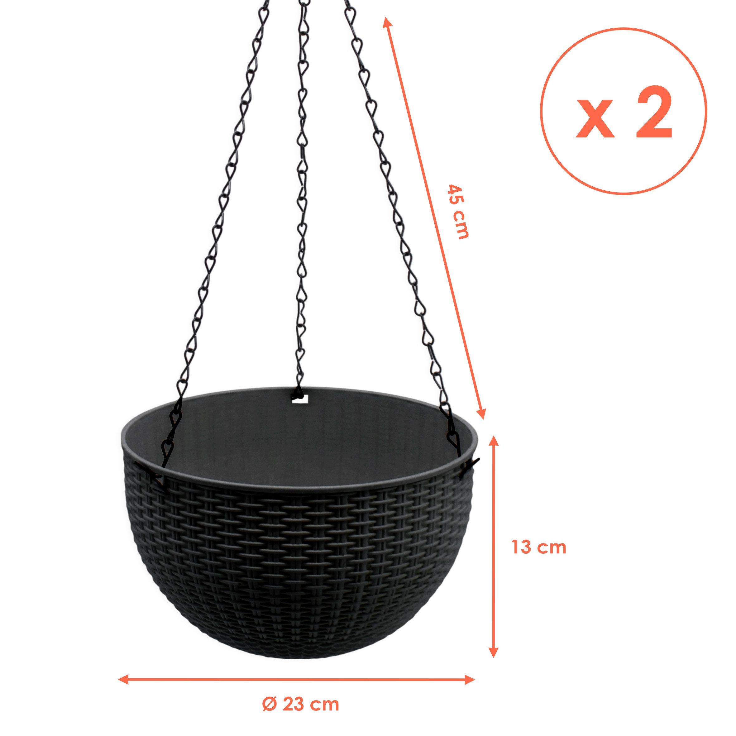 Spetebo Blumenampel in Rattan Optik - 23 cm - mit schwarzer Metallkette (Anzahl, 1 St., Stück), Drainage mit Verschluss-Stopfen